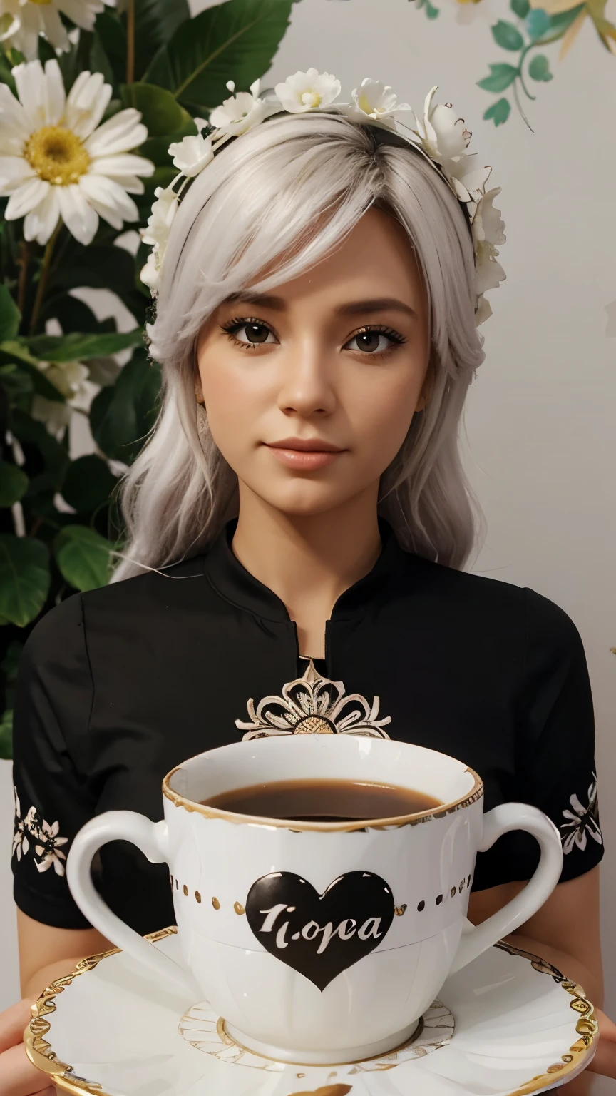Wallpaper Fundo preto. white cup, com flores brancas e roxas, a heart written Lyah and Luka 3D