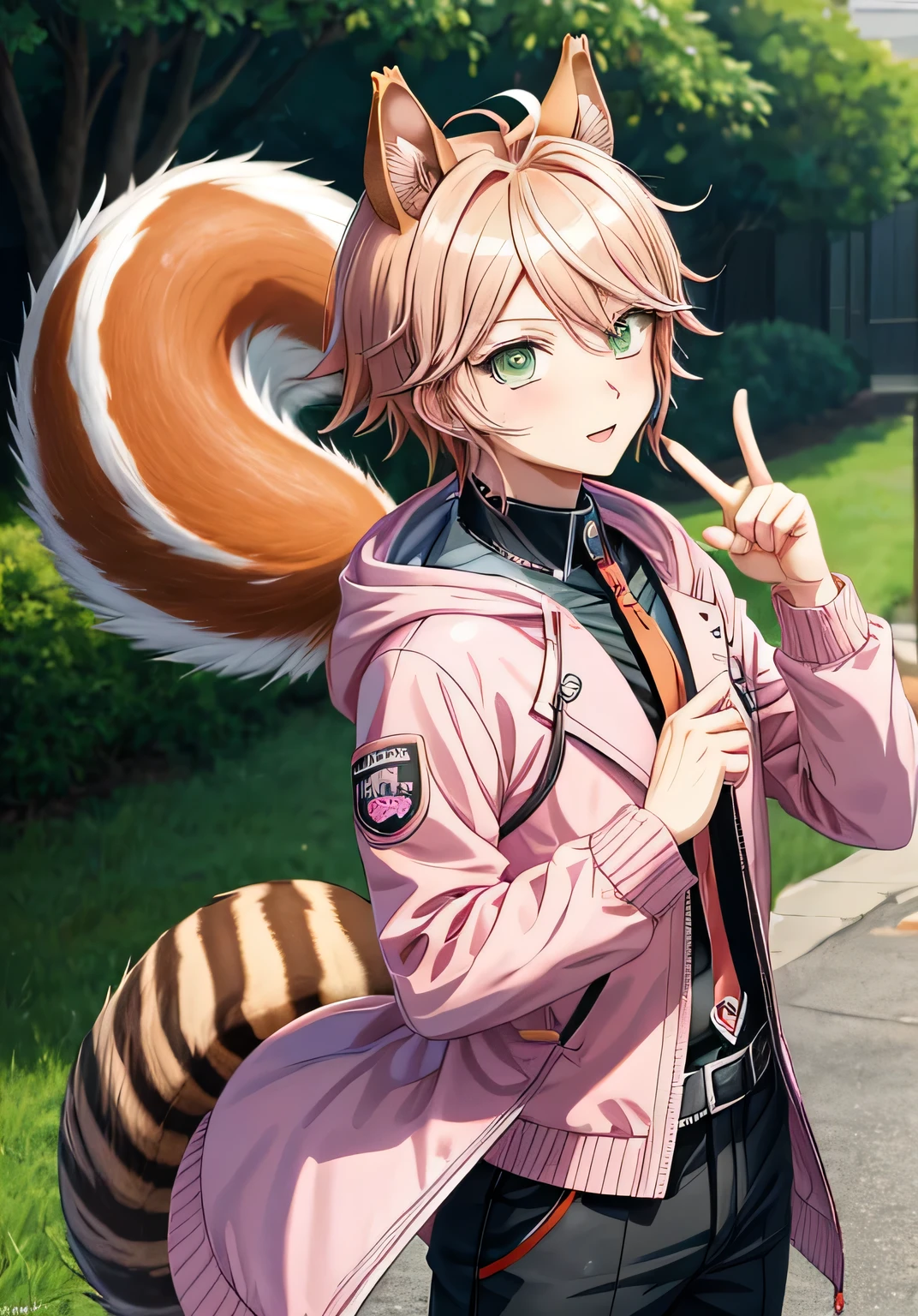 a close up of a person in a pink jacket holding a wallnut, danganronpa, digital art from danganronpa, official fanart, in anime style, in an anime style, anime boy with a squirrel ear and a peanut in his hand, anime boy with squirrel ears, in an anime style, in anime style, orange - haired anime boy, cute anime , with green eye and brown peanut colour hair anime squirrel, anime boy, cool pose, two finger pose