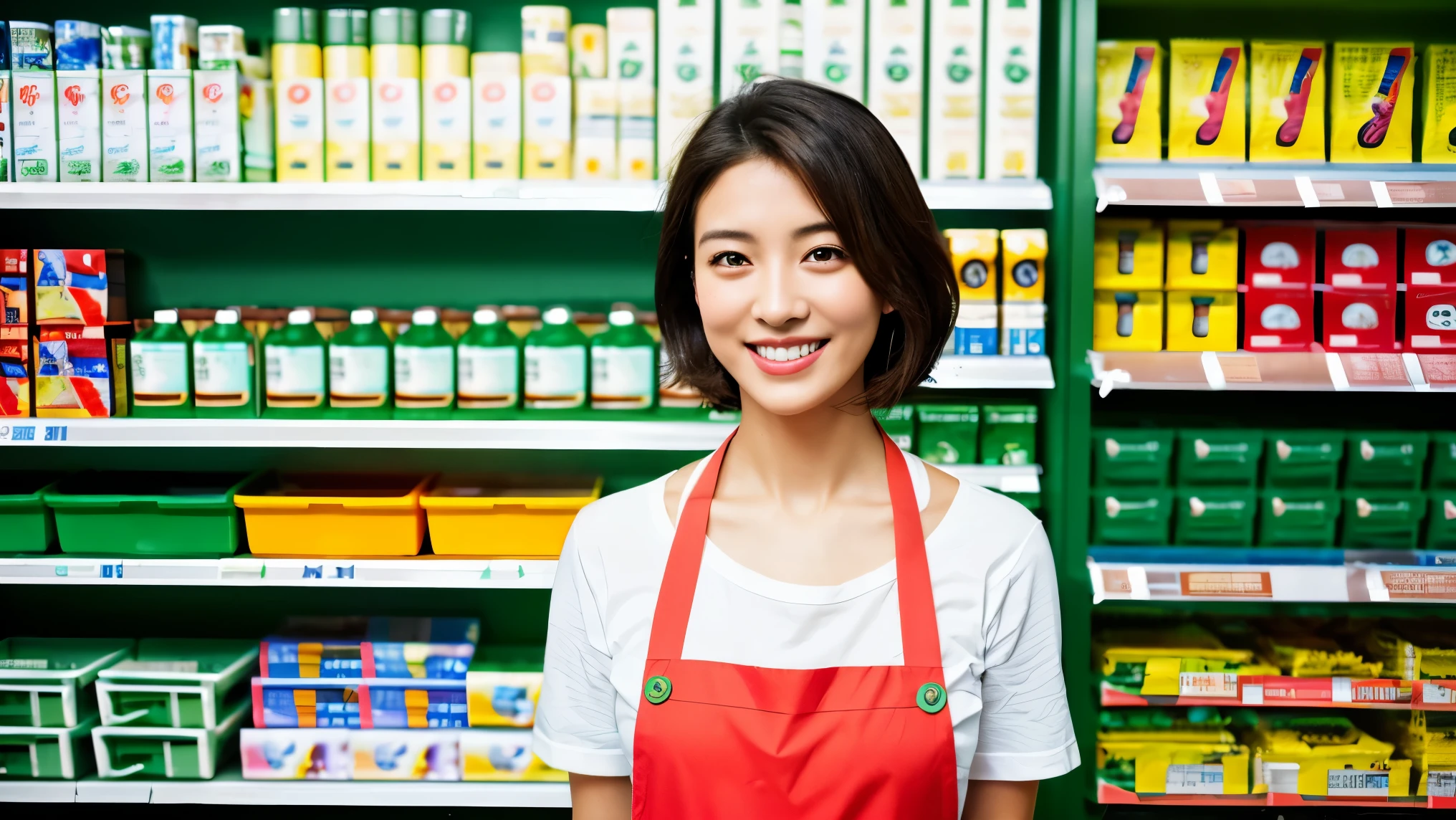 (highest quality、table top、8K、best image quality、Award-winning work)、a woman working at a convenience store、(The most natural and perfect plain green simple apron:1.3)、(simple green apron:1.2)、classy shirt、(big breasts:1.1)、(emphasize body line:1.1)、(Standing gracefully:1.1)、beautiful woman portrait、The most natural and perfectly organized convenience store、Convenience store shelves in the background、perfectly organized shelves、Regularly arranged shelves of natural products、(very bright and vivid:1.2)、Strongly blurred background、look at me and smile、(accurate anatomy:1.1)、Super high resolution perfect beautiful teeth、Ultra high definition beauty face、ultra high definition hair、Super high-definition sparkling eyes、(輝く超高解像度のShining beautiful skin:1.3)、(Shining beautiful skin:1.2)、Super high resolution glossy lips