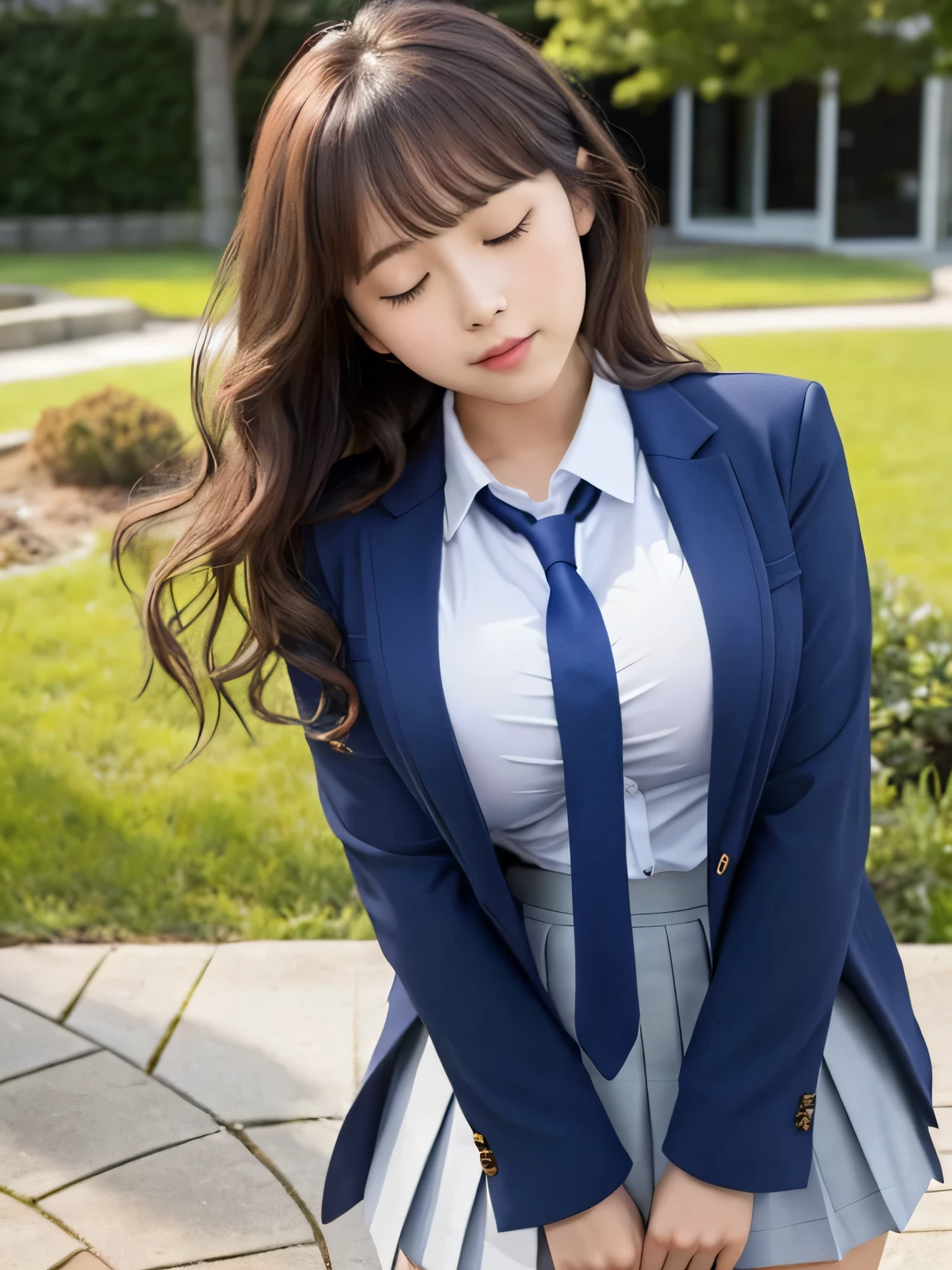8k, highest quality, real image, intricate details, Super detailed, ultra high resolution, depth field,(realistic,realistic:1.2), from the middle, (closed eyes), 1 Japanese girl, very beautiful 17 year old girl, Big eyes, beautiful breasts:1.5、highly detailed eyes:1.2), (beautiful breasts:1.1), (small breasts:1.5), wavy hair、curly hair、bangs, perfect skin, Fair skin, huge hips, thick thighs, thick legs, cleavage, tight waist, light blush, alone, looking at the viewer, (School_uniform),(dark blue blazer), (white shirt、wear a tie), (gray pleated skirt), (sculpture installation :1.1)