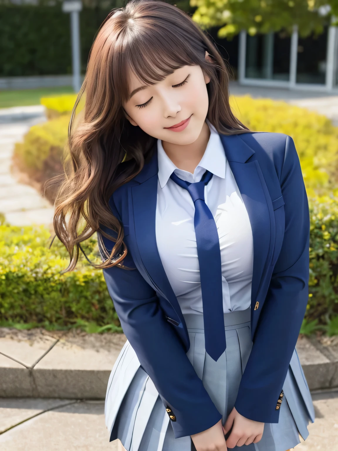 8k, highest quality, real image, intricate details, Super detailed, ultra high resolution, depth field,(realistic,realistic:1.2), (crying face:1.2), (tears:1.1), (lamentation:1.2), from front, closed eyes,1 Japanese girl, very beautiful 17 year old girl, (beautiful breasts:1.5, highly detailed eyes:1.2), (beautiful breasts:1.1), wavy hair、curly hair、bangs, perfect skin, Fair skin, huge hips, thick thighs, thick legs, tight waist, alone, looking at the viewer, (School_uniform),(dark blue blazer), (white shirt、wear a tie), (gray pleated skirt), (sculpture installation :1.1)