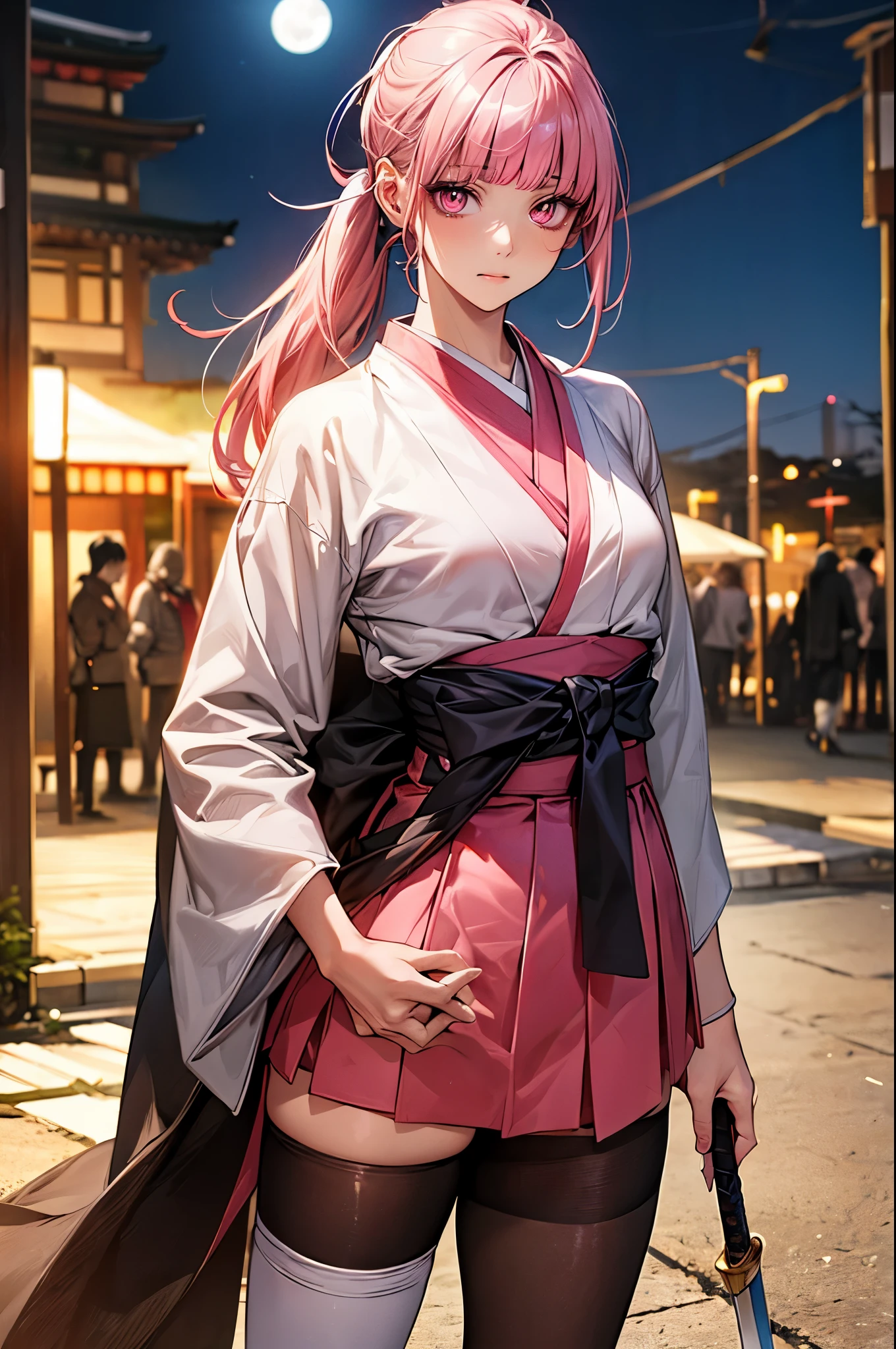 woman fighting the devil、((perfect anatomy,realistic,:1.3,RAW Photography:1.3,masterpiece、highest quality、Ultra - High resolution、High resolution、Highly detailed CG、8K)),cowboy shot,1 female,solo,20 year old beauty,((beautiful detailed face and eyes,big gorgeous eyes),pink eyes,(pink hair,ponytail,long hair,forehead,blunt bangs,straight hair)),(medium breasts,slender body,small head,skinny,tan skin,gleaming skin,shiny skin,sweat),(white kimono、pink mini skirt,white_thighhighs、1holding a book Japanese sword in hand、posture of fighting with a sword、Accurately depicted Japanese sword),apocalyptic world,collapsed building、rubble、on street,Tokyo、at night、moonlight、