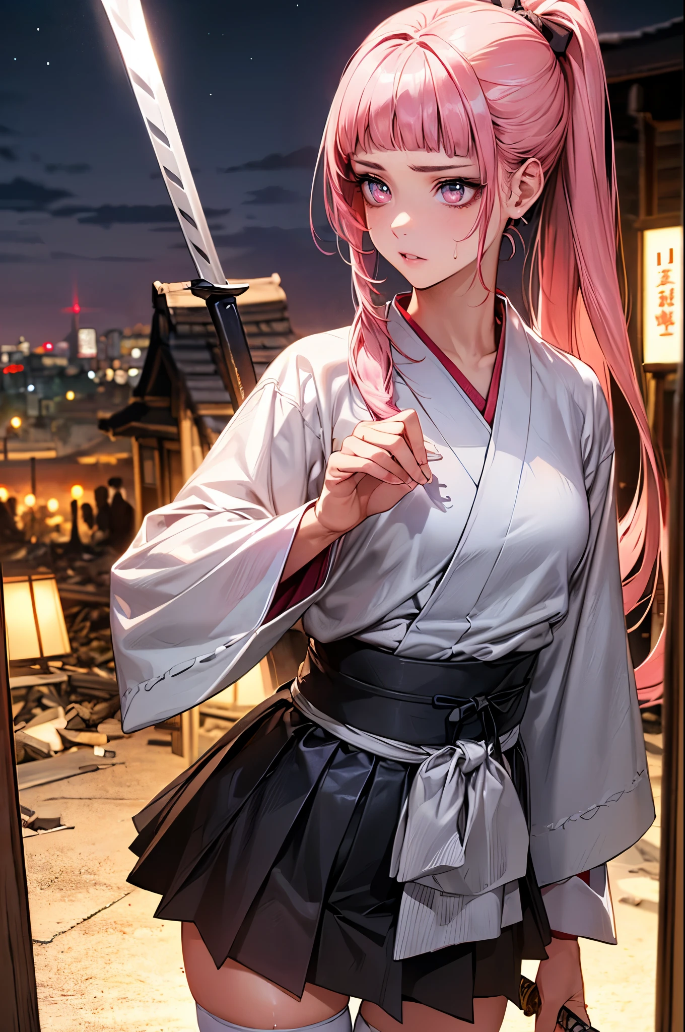 woman fighting the devil、((perfect anatomy,realistic,:1.3,RAW Photography:1.3,masterpiece、highest quality、Ultra - High resolution、High resolution、Highly detailed CG、8K)),cowboy shot,1 female,solo,20 year old beauty,((beautiful detailed face and eyes,big gorgeous eyes),pink eyes,(pink hair,ponytail,long hair,forehead,blunt bangs,straight hair)),(medium breasts,slender body,small head,skinny,tan skin,gleaming skin,shiny skin,sweat),(white kimono、pink mini skirt,white_thighhighs、1holding a book Japanese sword in hand、posture of fighting with a sword、Accurately depicted Japanese sword),apocalyptic world,collapsed building、rubble、on street,Tokyo、at night、moonlight、