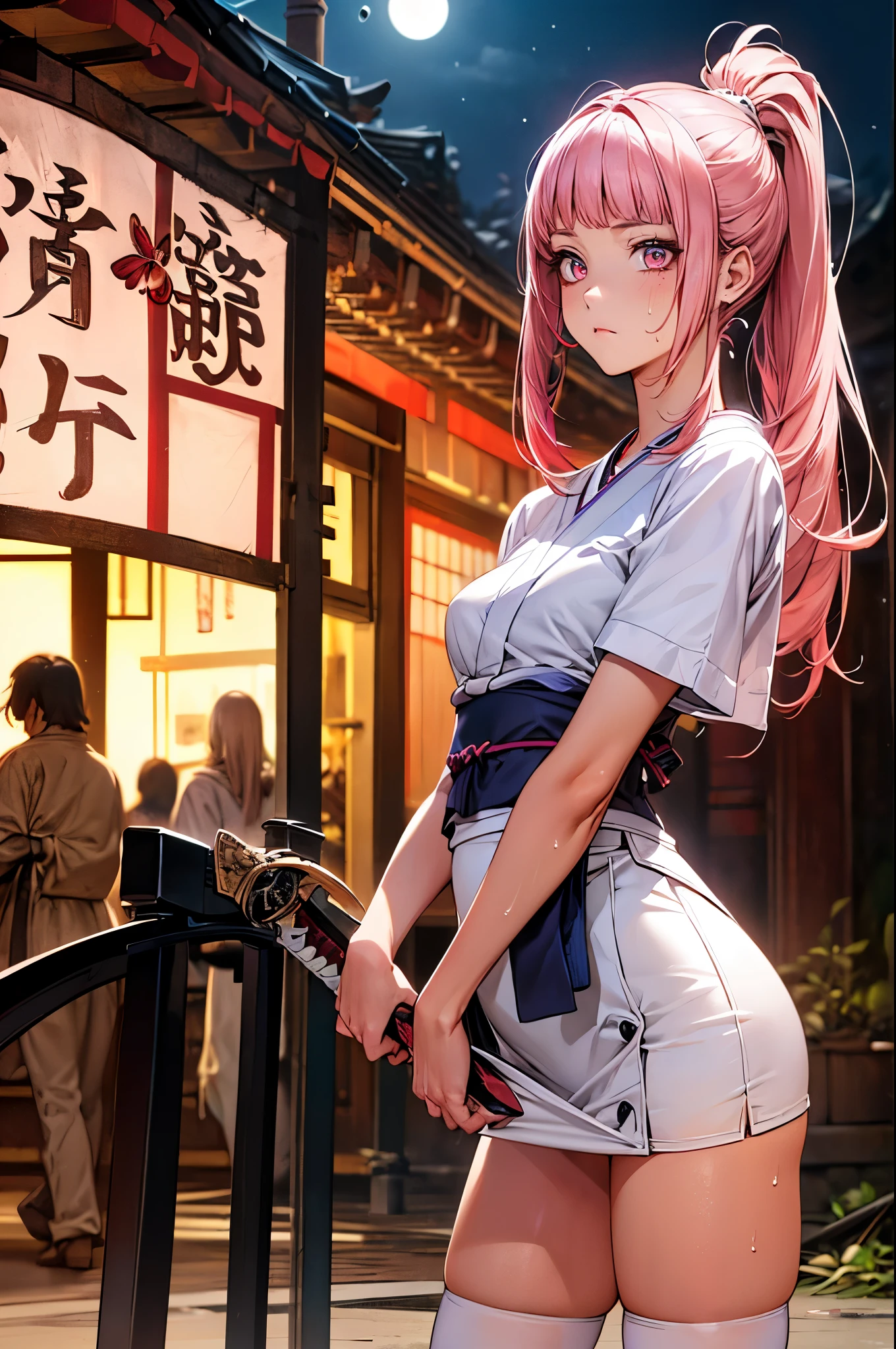 woman fighting the devil、((perfect anatomy,realistic,:1.3,RAW Photography:1.3,masterpiece、highest quality、Ultra - High resolution、High resolution、Highly detailed CG、8K)),cowboy shot,1 female,solo,20 year old beauty,((beautiful detailed face and eyes,big gorgeous eyes),pink eyes,(pink hair,ponytail,long hair,forehead,blunt bangs,straight hair)),(medium breasts,slender body,small head,skinny,tan skin,gleaming skin,shiny skin,sweat),(white kimono、pink mini skirt,white_thighhighs、1holding a book Japanese sword in hand、posture of fighting with a sword、Accurately depicted Japanese sword),apocalyptic world,collapsed building、rubble、on street,Tokyo、at night、moonlight、
