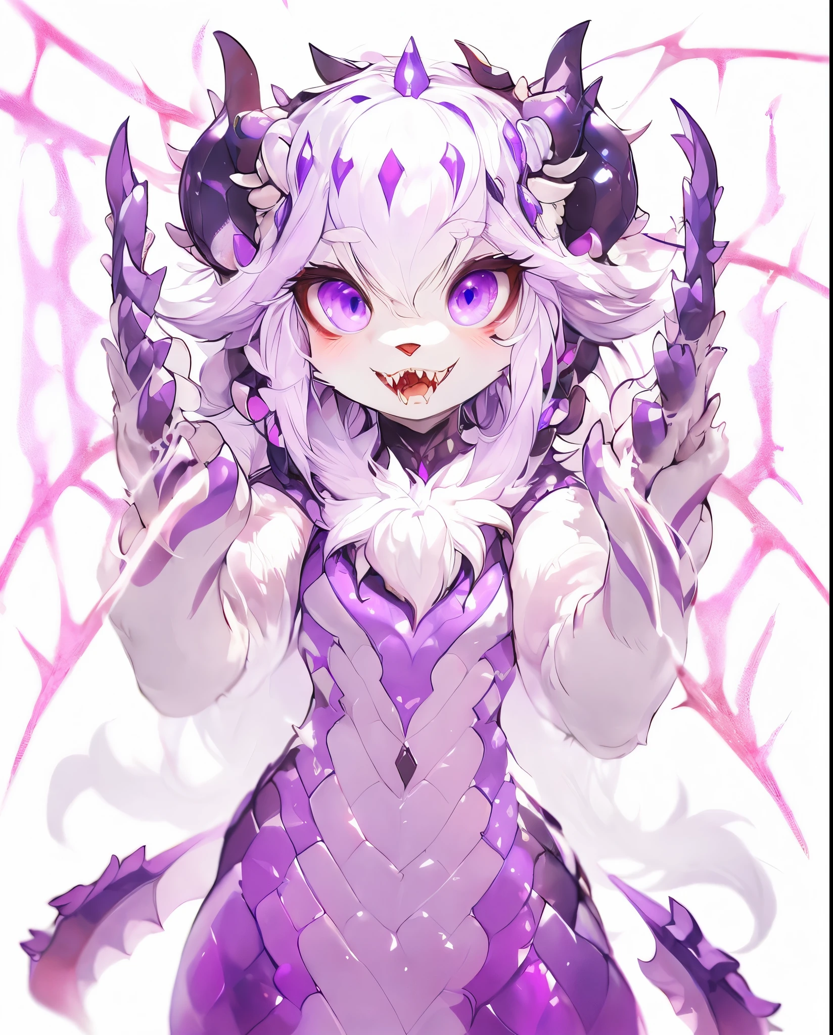 Female Dragon.spider element. Furry. Compound eye. yandere expression. double teeth. purple color. insect fung. spider web pattern wing. Anime style.