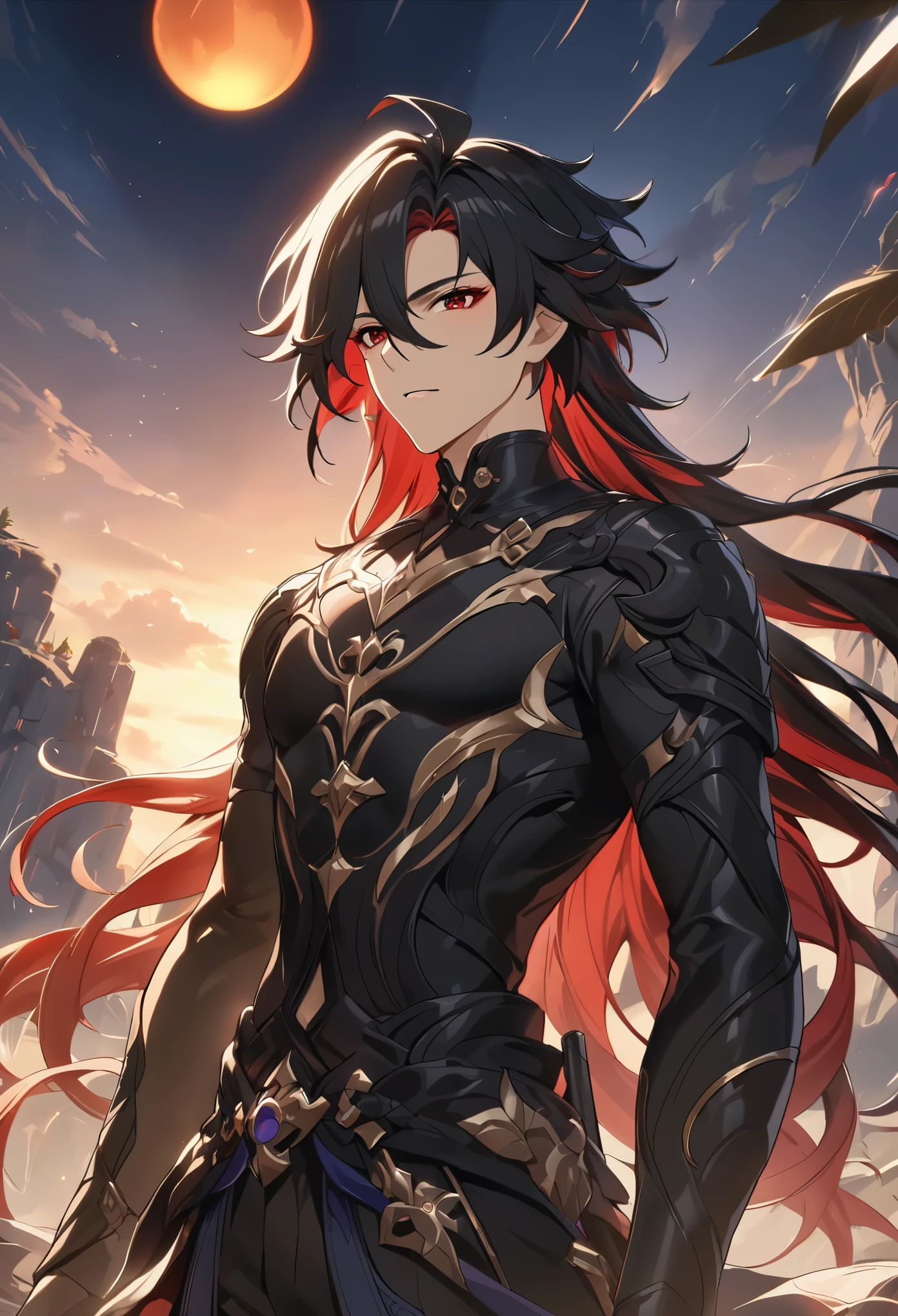 ((solo)), (woman), cherry red eyes, raven black hair, very long messy hair, vibrant red colored inner hair, beautiful, sculpted body, thick, mature body, a close up of a person with a sword in a desolate land detailed key anime art, honkai star trail character, casimir art, masamune shiro, masamune, handsome guy in demon slayer art, genshin, heise jinyao, shadowverse style, (no logos), eclipse, black powers, twilight scenery, detailed clothes, eye reflection, depth of field, cinematic lighting, ray tracing, depth of field, cinematic lighting, ray tracing, UHD, high details, best quality, highres, high quality, award winning, super detail, masterpiece, 8k, UHD, high details, best quality, highres, high quality, award winning, super detail, masterpiece, 8k
