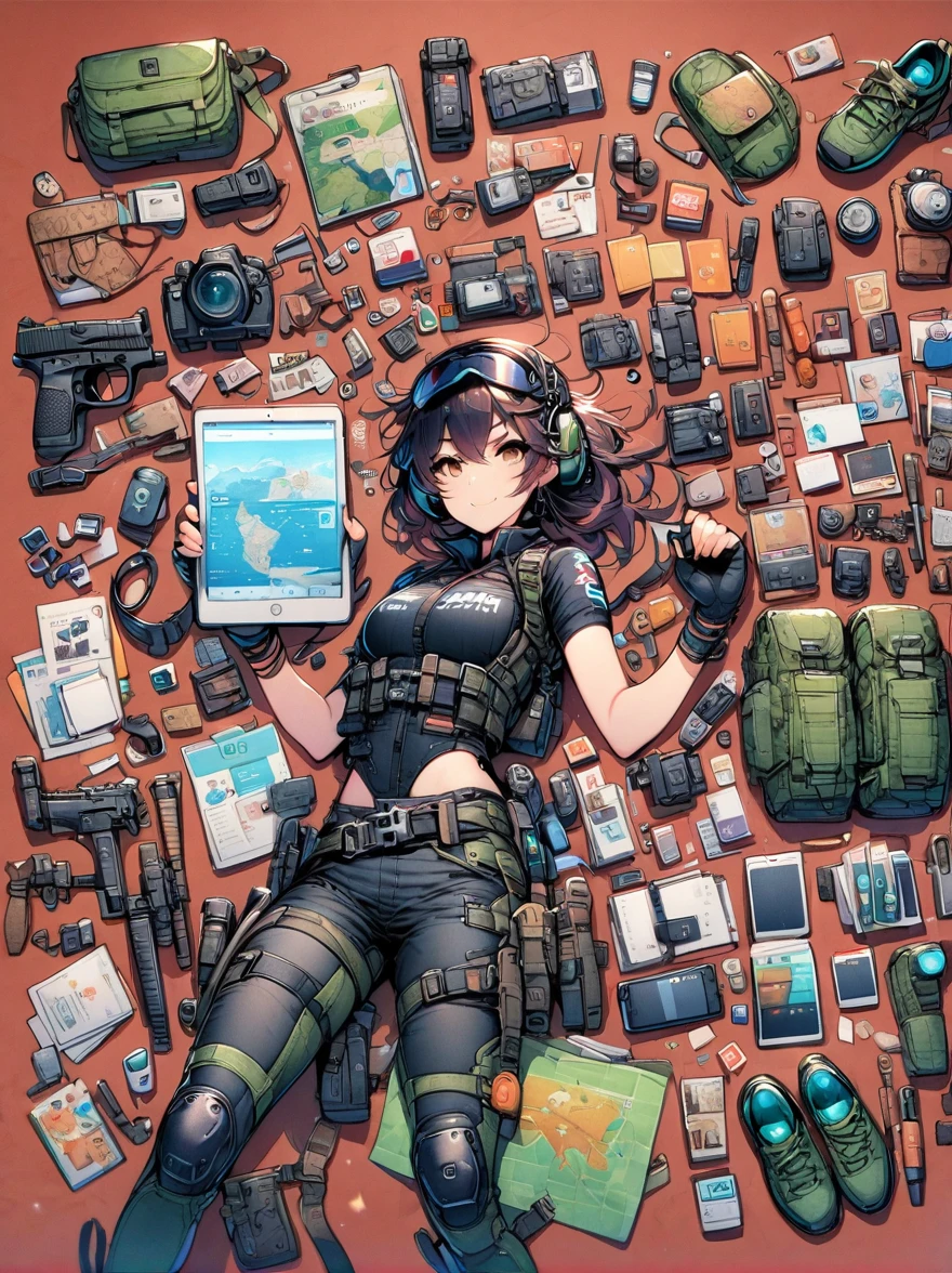 Asian face young girl,laughing expressin,Perfect body,road bike clothing,gear and
accessories,knolling layout organized on a table,person,knolling, Cartoon, pure red background