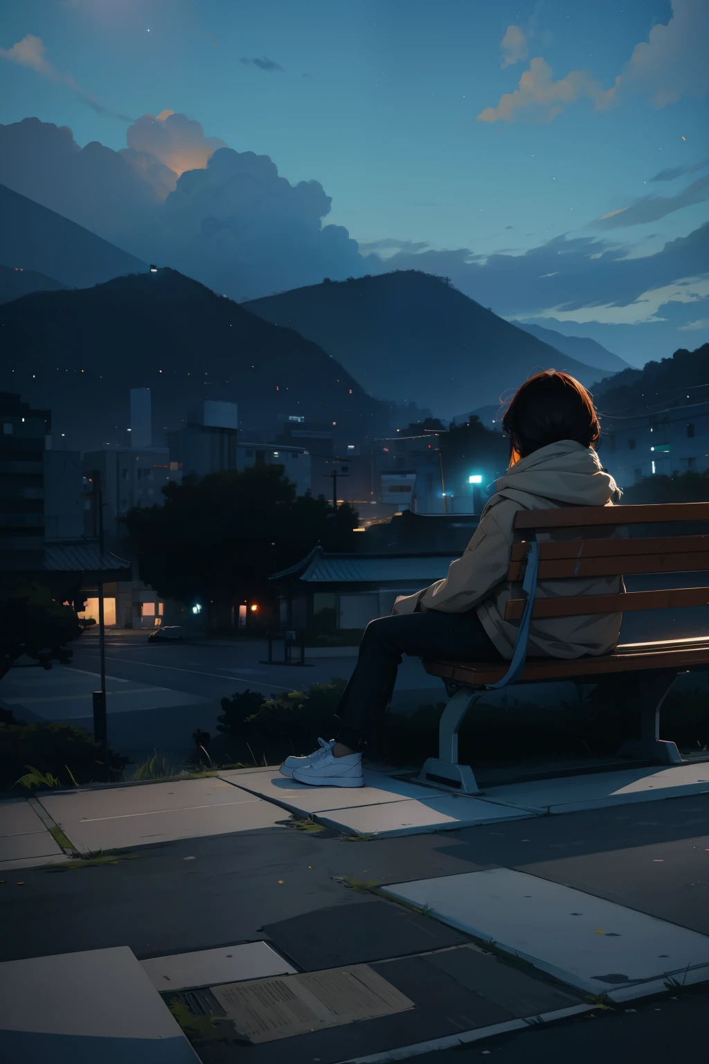 There is not a single cloud in the sunset sky.sunset sky,a woman is sitting. sitting on bench , Still in the music video, 수심에 잠long loneliness, feel sad, lonely and soft, sad and , still a boring movie, loneliness, sitting on bench, and sad, Sitting in the dark park at dusk, Movie stills, sitting on bench, , 공원 sitting on bench,vivid colors, soft focus, light leak, dreamlike atmosphere, experimental charm, Nostalgic charm BREAK color field painting, various colors, abstract expressionism, Bold colors, emotional impact, atmospheric depth, MINIMALIST APPROACH BREAK, pretty girl, UHD (ultra detail) Looking at viewers wearing hip-hop style streetwear, different, colorful, long, heavily dyed hair 🌈, dark clothes, White stardust in dark areas, absurd, high resolution, very detailed, (1 woman : 1.3), vivid colors, soft focus, light leak, dreamlike atmosphere,