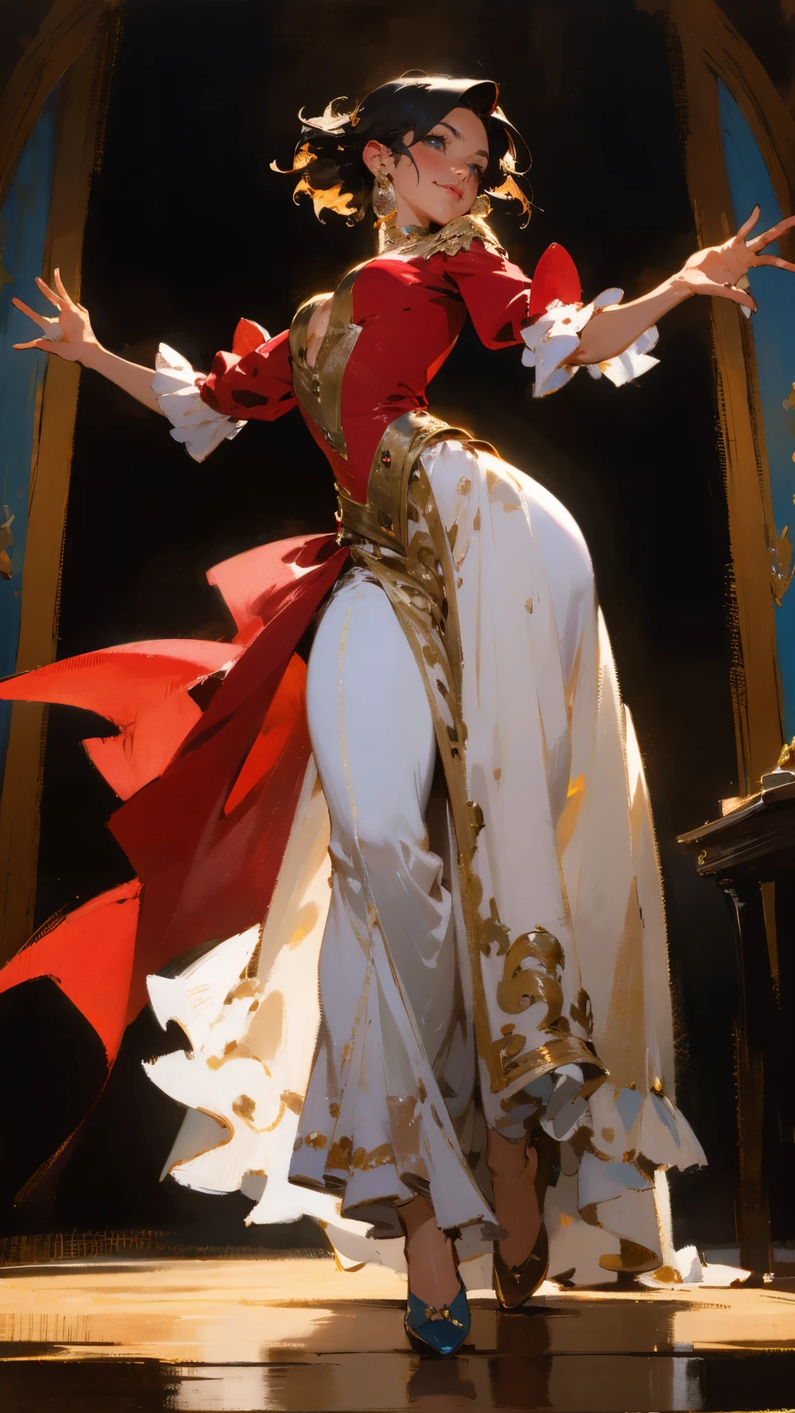 A beautiful woman with medium-length chestnut-black hair, Latin American heritage, a flawless oval face, passionate gaze, sweet smile, tall and graceful dancer's figure, a fantasy-realism style flamenco-inspired dress, flowing skirt, alternating red and black textures, red as the main color, complemented by black accents, she gracefully performs her dance moves on the stage of a fantasy-style Western tavern, this character embodies a finely crafted fantasy-realism style Flamenco dancer in anime style, exquisite and mature manga art style, perfect body, perfect nose, perfect mouth, perfect eyes, perfect smille, goddess, feminine, high definition, best quality, highres, ultra-detailed, ultra-fine painting, extremely delicate, professional, anatomically correct, symmetrical face, extremely detailed eyes and face, high quality eyes, creativity, RAW photo, UHD, 32k, Natural light, cinematic lighting, masterpiece-anatomy-perfect, masterpiece:1.5