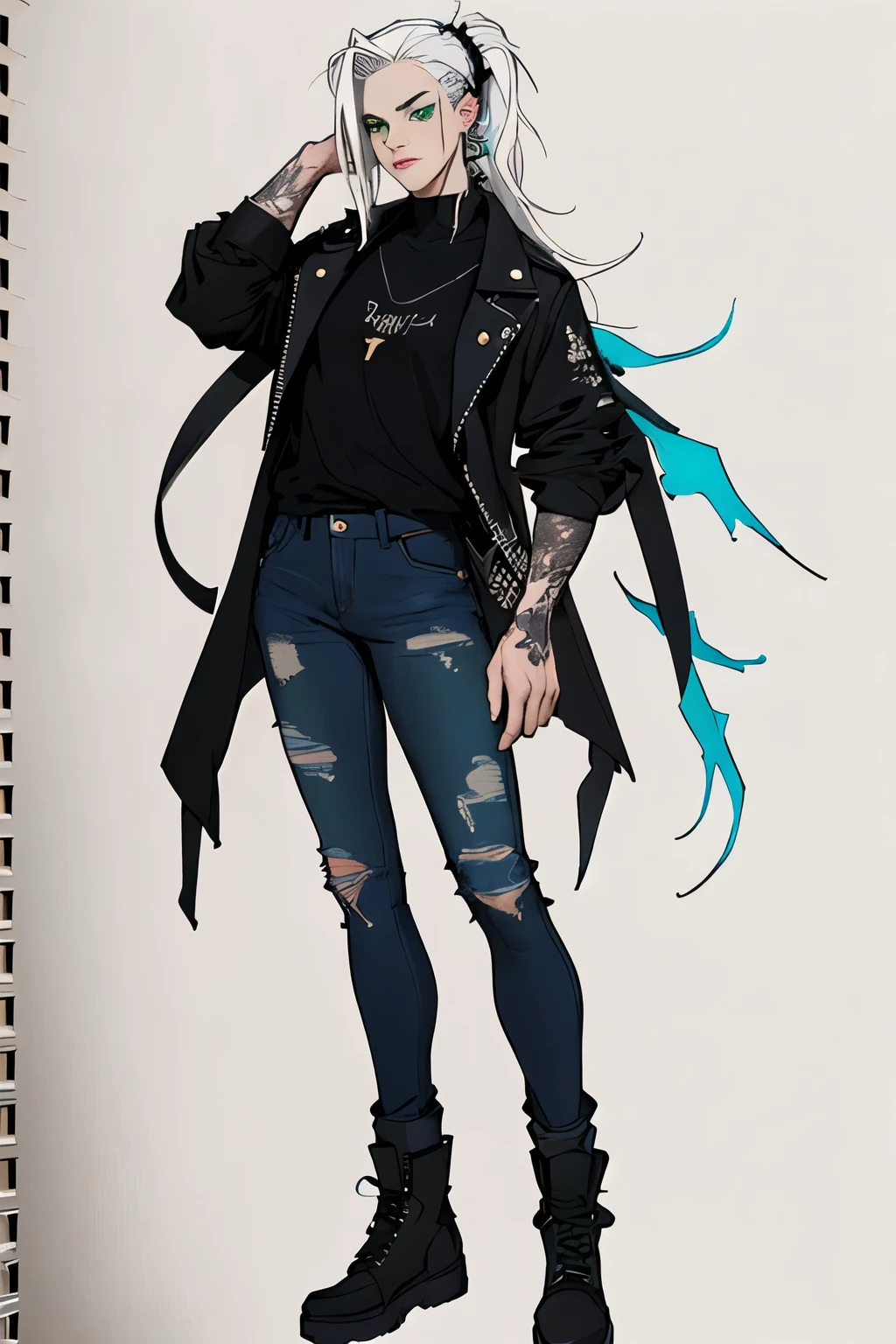 1 girl, Sidecut hair, jinx arcane hair, Sidecut hair, ager, hyper realistic hands, detailed hyper realistic eyes, rock jacket, jeans, black clothing, white hair, light background, full body, long hair, teen, tribal tattoo, colorful parts, sketchbook, hand drawn hand, symbols, dark, bold, realistic sketch, sketch, mixing dark lines and loose lines, bold lines, on paper, turn on character sheet, human woman, green eyes, full body, elegant pose, lots of details, stylish outfit, symbols, runes, dark theme, black shirt, beautiful, pretty, modest