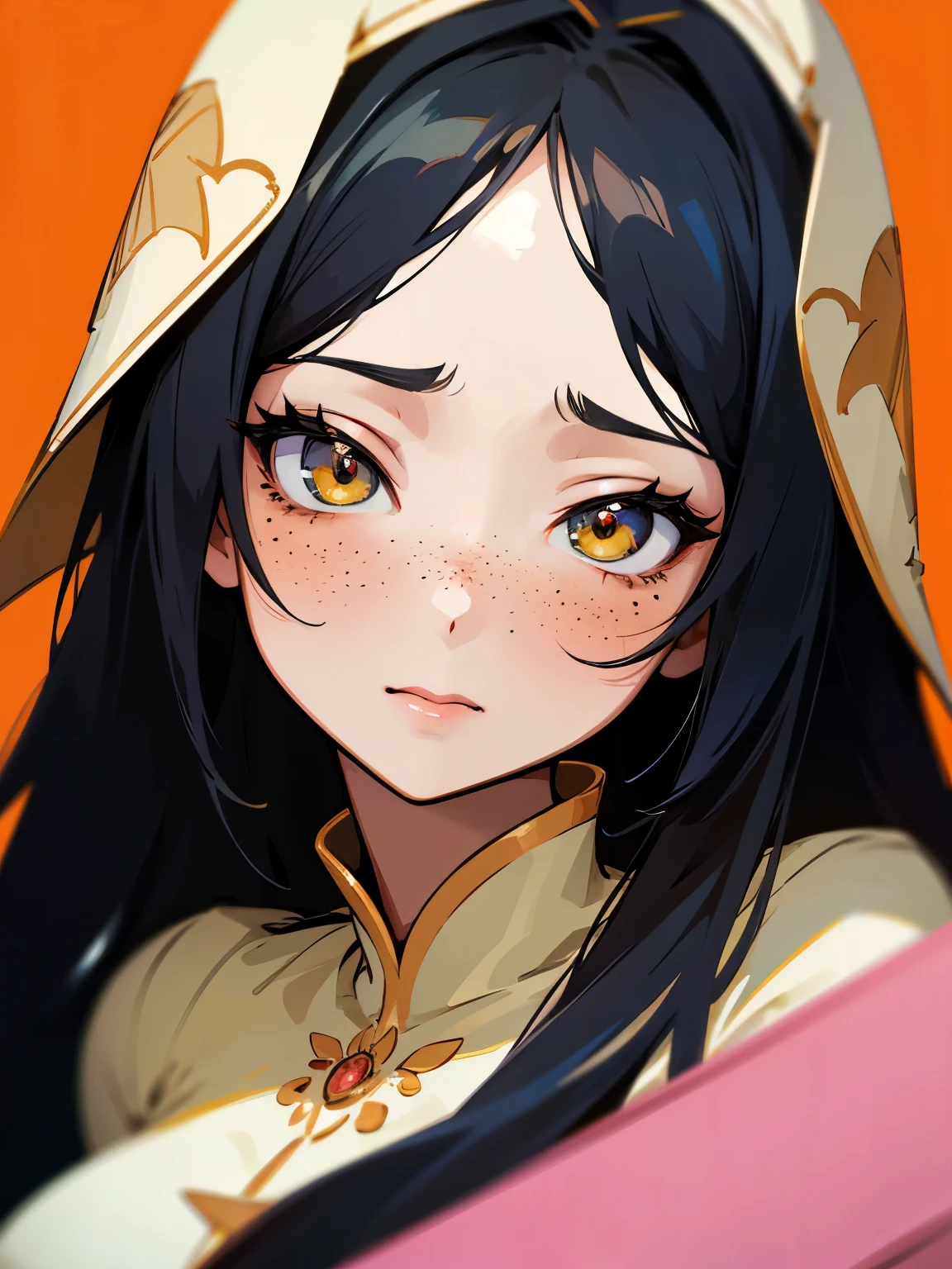 masterpiece, highest quality, {highest quality}, {{masterpiece}}, {High resolution}, concentrated, anime style, cartoon close-up of woman, girl design, portrait, Gisha, anime images, long hair, black hair, straight eyes, hair covers ears, Sophisticated and powerful appearance, exotic, expensive, freckles, Hilarious, romantic clothes, colorful, color  