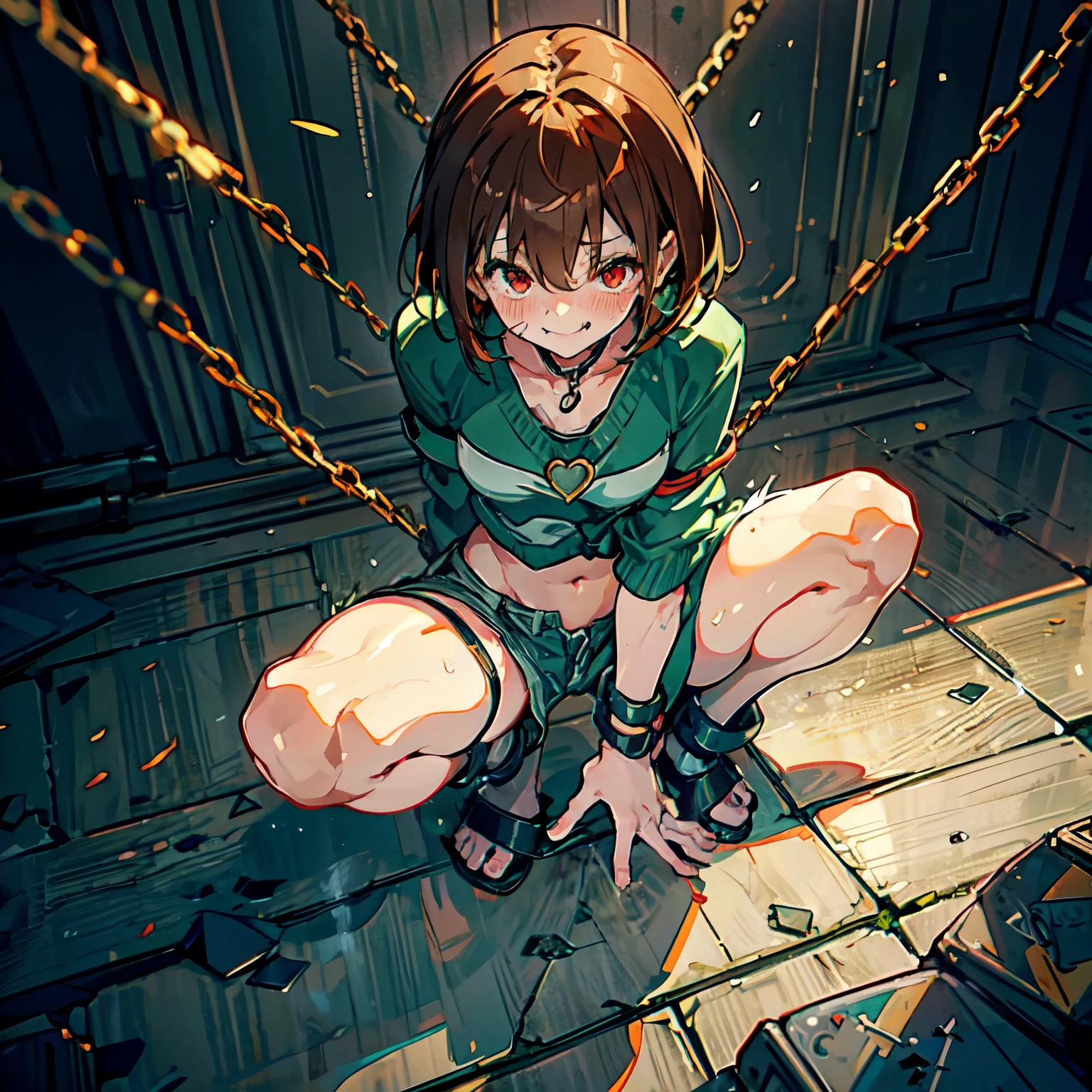 Anime，In a cage，whole body，happy smile, Sticking out  tongue，Binding band，handcuffs，Hands bound by handcuffs from above，Sweating profusely, wet clothes，Limb restraint，Large chest，Bound，Chara ，canon ，fanon ，green striped sweater ，shorts ，red eyes ，brown hair ，short hair ，barefoot， Green thong ，blush ，locket ，scoop neck，Leg rings, ankle shackles, chains，collared ，saliva，squatting，spread legs apartwhite jacket，Collar，Opening on the clothes，show back muscles，Showcasing abdominal ，Sexy muscles，Muscles, abdominal muscles，toes，Floor tiles，Iron chains