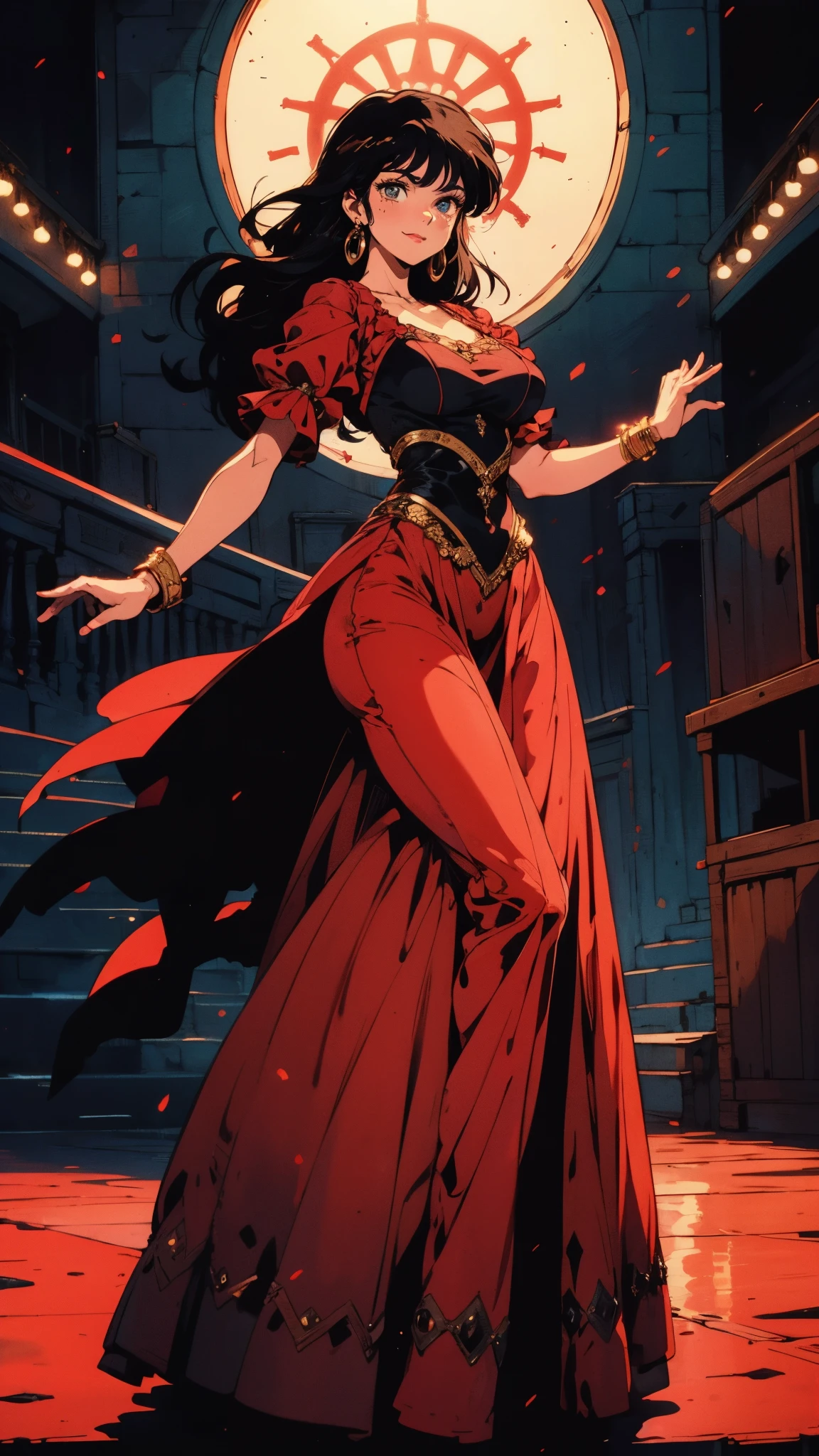 A beautiful woman with medium-length chestnut-black hair, Latin American heritage, a flawless oval face, passionate gaze, sweet smile, tall and graceful dancer's figure, a fantasy-realism style flamenco-inspired dress, flowing skirt, alternating red and black textures, red as the main color, complemented by black accents, she gracefully performs her dance moves on the stage of a fantasy-style Western tavern, this character embodies a finely crafted fantasy-realism style Flamenco dancer in anime style, exquisite and mature manga art style, perfect body, perfect nose, perfect mouth, perfect eyes, perfect smille, goddess, feminine, high definition, best quality, highres, ultra-detailed, ultra-fine painting, extremely delicate, professional, anatomically correct, symmetrical face, extremely detailed eyes and face, high quality eyes, creativity, RAW photo, UHD, 32k, Natural light, cinematic lighting, masterpiece-anatomy-perfect, masterpiece:1.5