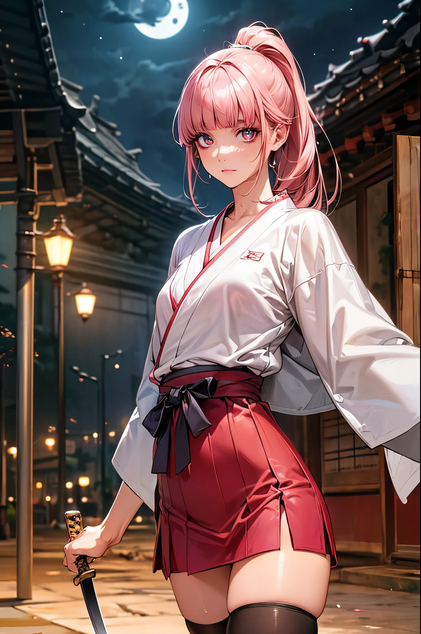 ((woman fighting the devil、Looming monsters)),((perfect anatomy,realistic,:1.3,RAW Photography:1.3,masterpiece、highest quality、Ultra - High resolution、High resolution、Highly detailed CG、8K)),cowboy shot,1 female,solo,20 year old beauty,((beautiful detailed face and eyes,big gorgeous eyes),pink eyes,(pink hair,ponytail,long hair,forehead,blunt bangs,straight hair)),(medium breasts,slender body,small head,skinny,tan skin,gleaming skin,shiny skin,sweat),(white kimono、pink mini skirt,white_thighhighs、1holding a book Japanese sword in hand、posture of fighting with a sword、Accurately depicted Japanese sword),apocalyptic world,collapsed building、rubble、on street,Tokyo、at night、moonlight、