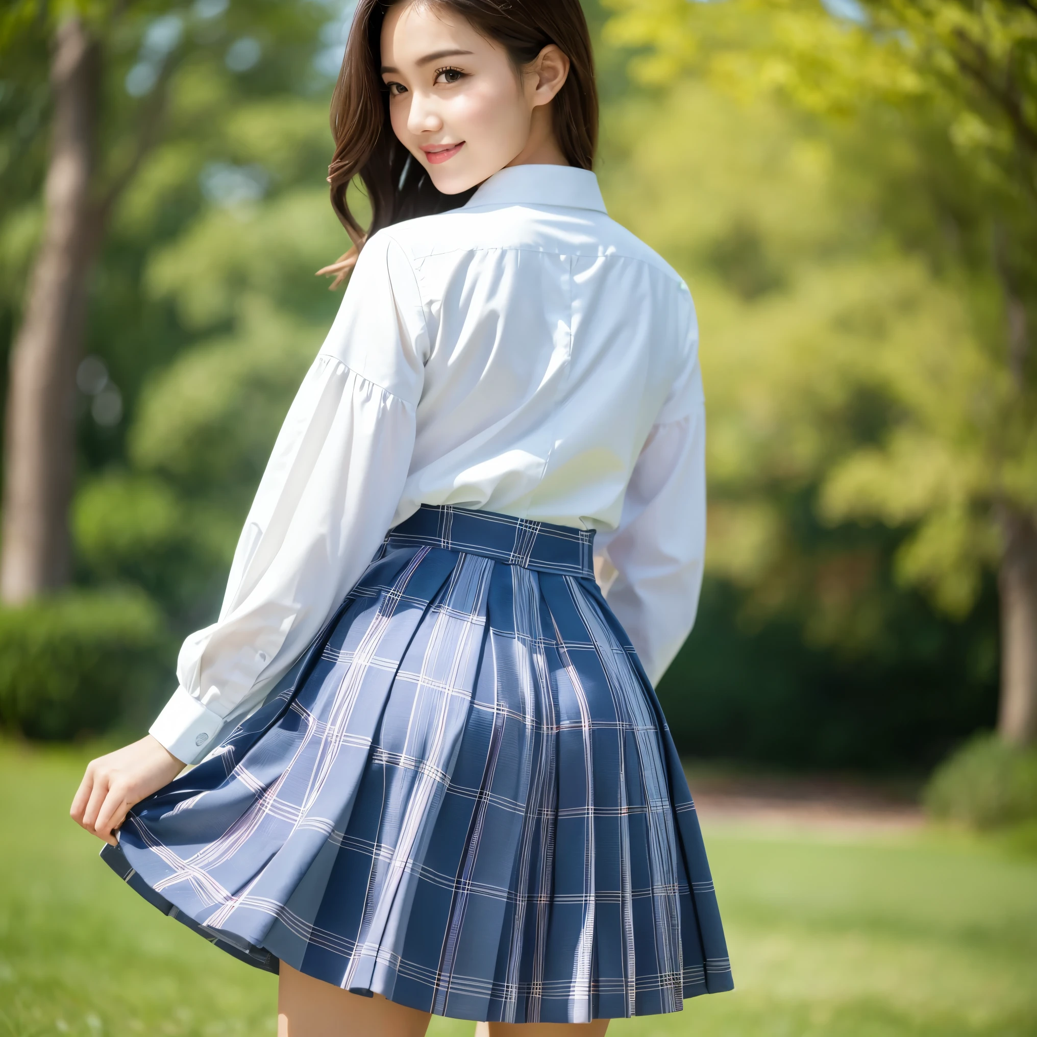 (highest quality、table top、8K、best image quality、Award-winning work)、one high school girl、、(alone:1.1)、perfect beautiful composition、(Huge breasts that are about to burst:1.2)、(emphasize body line:1.1)、slender body、(perfect and accurate white polyester shirt:1.1)、(Navy plaid pleated skirt:1.1)、(Photo on the foot:1.2)、look at me and smile、(Beautiful park background with strong blur:1.1)、The most natural and perfect beauty park、Perfectly maintained regular park、stand gracefully、natural makeup、(beautiful and thick legs:1.1)、beautiful feet、Ultra high definition beauty face、ultra high definition hair、Super high-definition sparkling eyes、(Super high resolution glossy skin:1.1)、Super high resolution glossy lips、accurate anatomy、(very bright and vivid:1.1)、(my back is turned:1.3)、(turn your butt towards me:1.2)、(look back at me:1.2)、(big and beautiful hips:1.1)、(Highlights your beautiful hip line:1.1)