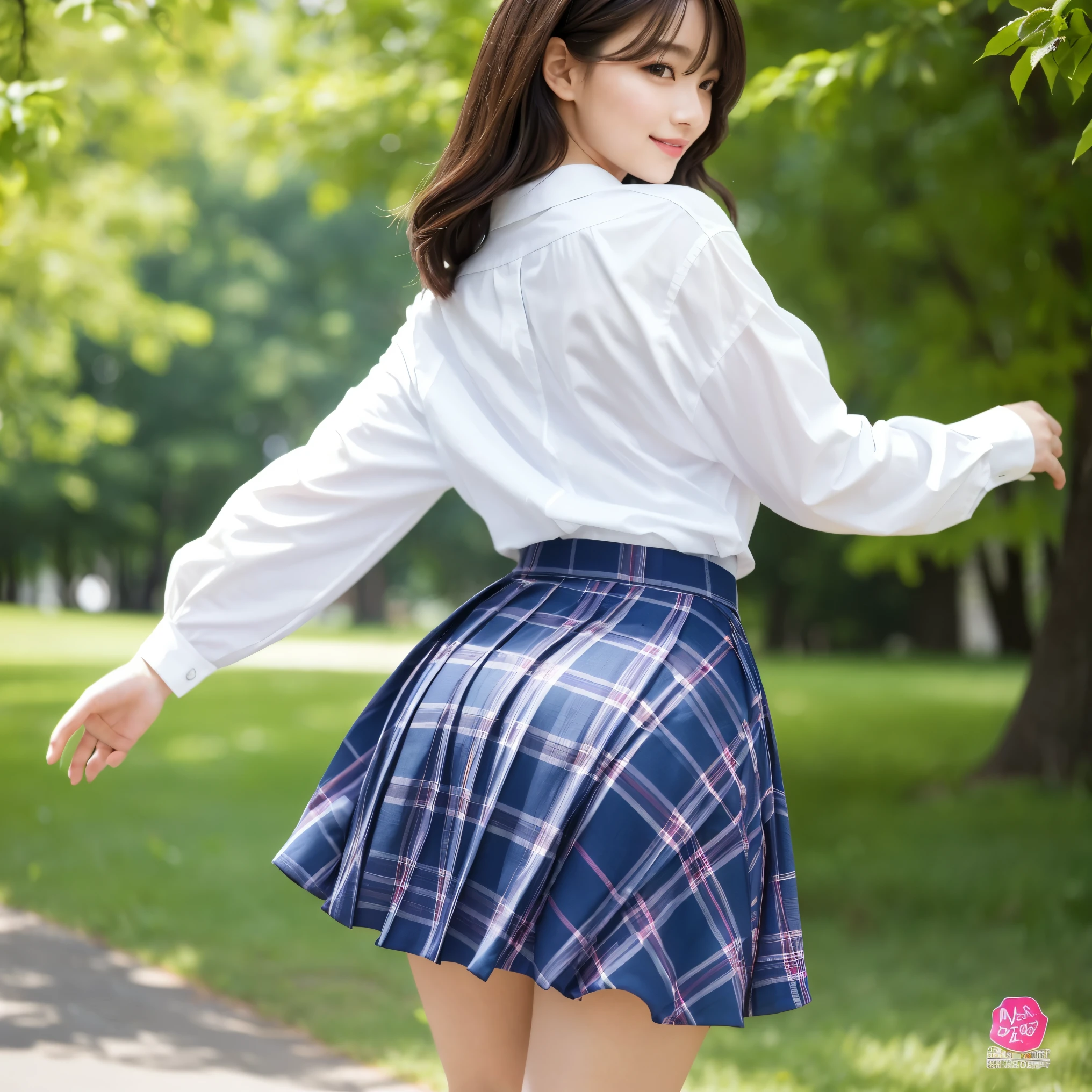 (highest quality、table top、8K、best image quality、Award-winning work)、one high school girl、、(alone:1.1)、perfect beautiful composition、(Huge breasts that are about to burst:1.2)、(emphasize body line:1.1)、slender body、(perfect and accurate white polyester shirt:1.1)、(Navy plaid pleated skirt:1.1)、(Photo on the foot:1.2)、look at me and smile、(Beautiful park background with strong blur:1.1)、The most natural and perfect beauty park、Perfectly maintained regular park、stand gracefully、natural makeup、(beautiful and thick legs:1.1)、beautiful feet、Ultra high definition beauty face、ultra high definition hair、Super high-definition sparkling eyes、(Super high resolution glossy skin:1.1)、Super high resolution glossy lips、accurate anatomy、(very bright and vivid:1.1)、(my back is turned:1.3)、(turn your butt towards me:1.2)、(look back at me:1.2)、(big and beautiful hips:1.1)、(Highlights your beautiful hip line:1.1)