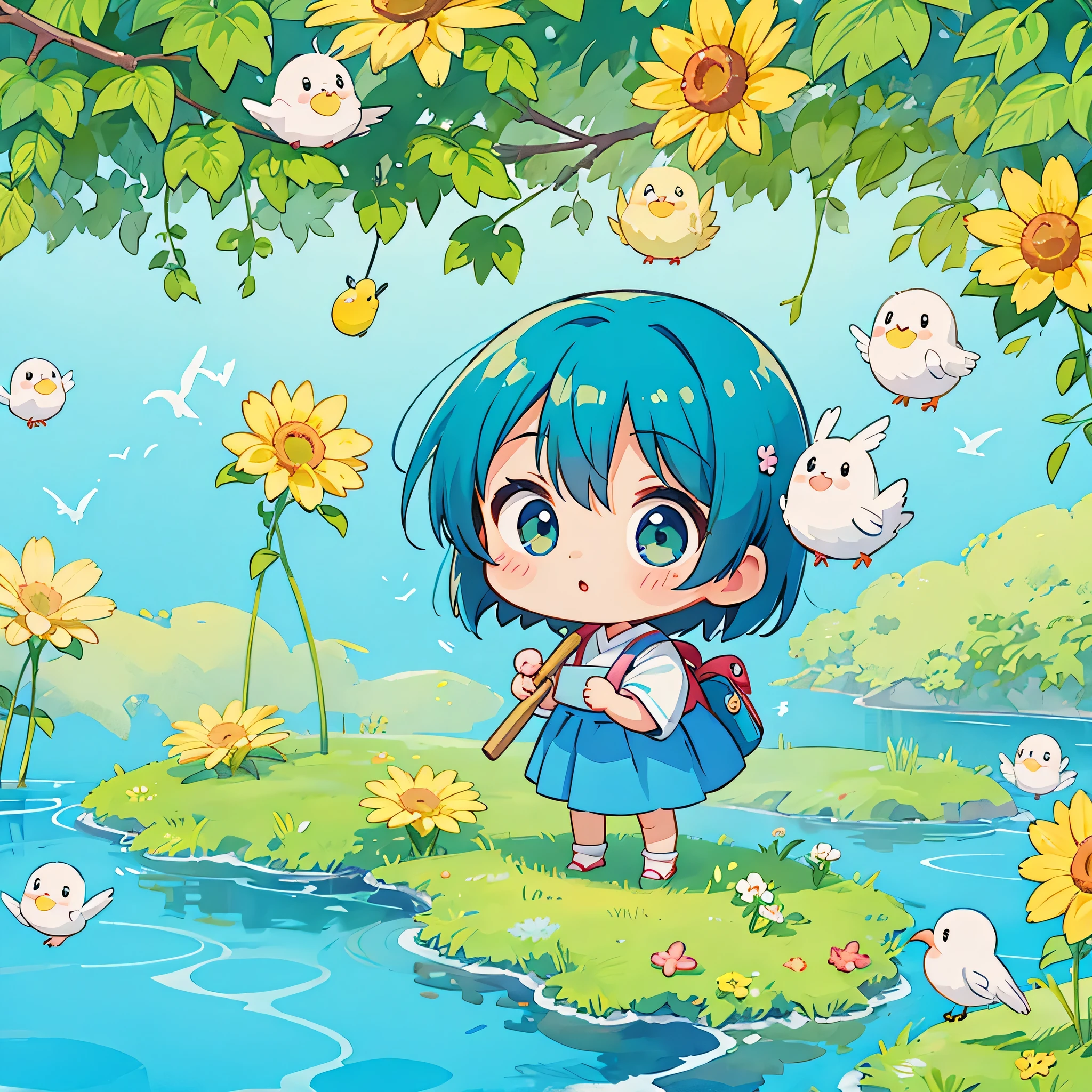 Fujio Akatsuka Style, Kawaii Design, most beautiful girl ever、Chibi, beautiful spring afternoon、birdie