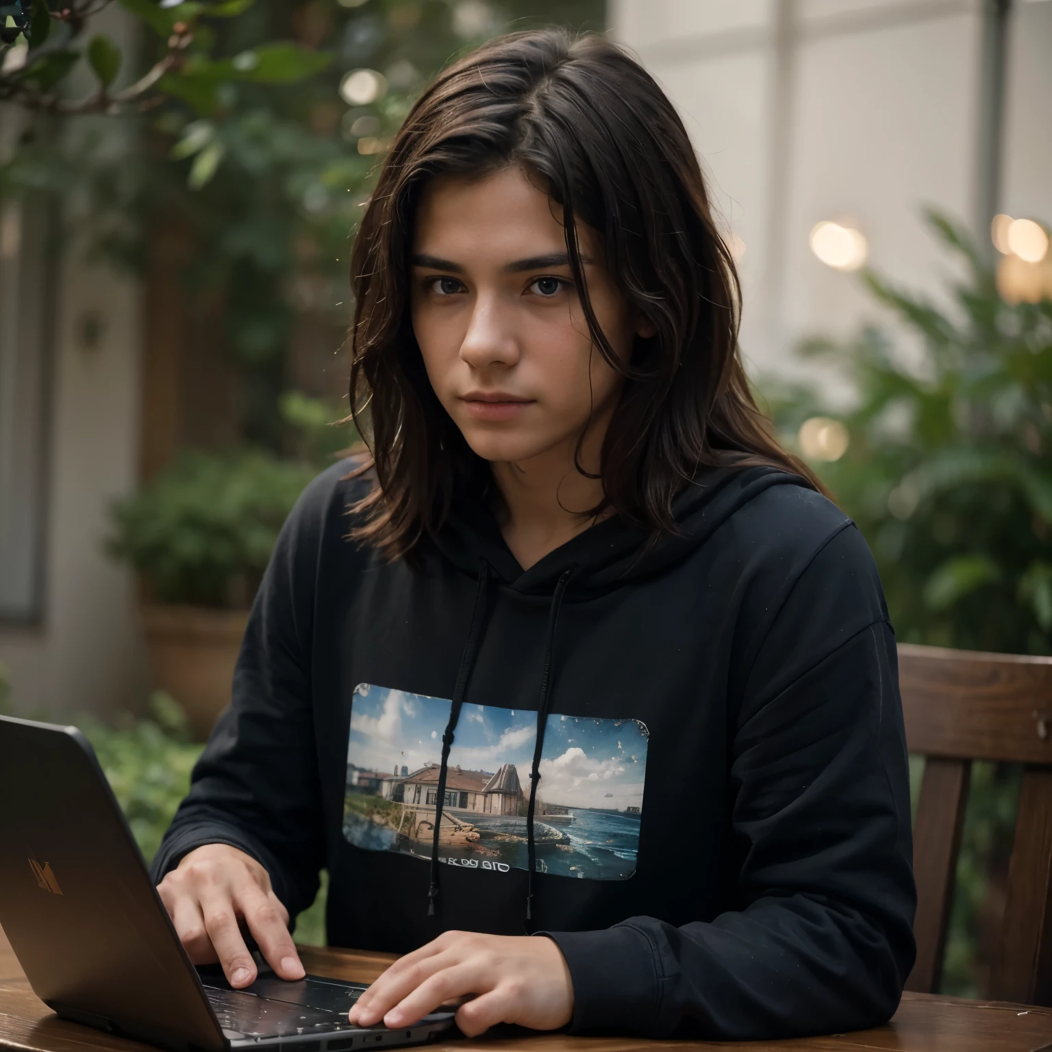 (8k, RAW photo, best quality, masterpiece:1.2), (realistic, photo-realistic:1.37), ultra-detailed, masterpiece HDR high quality Picture a young boy, , handsome man, long black messy hair, sharp eyes, blue hoodie, working on the laptop, expressing a sense of perplexity and curiosity, with a touch of humor, creating a warm and relaxed atmosphere, captured in high resolution (best quality, 4k), with ultra-detailed features, realistic colors, and a touch of bokeh, reminiscent of a candid snapshot.