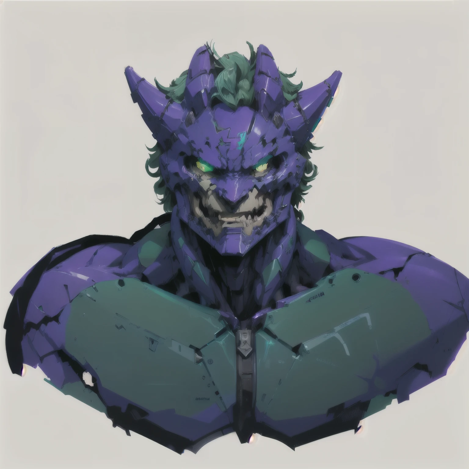 a close up of a purple and green demon with green eyes, evangelion concept art, green goblin portrait, evangelion beast mode, guyver style, # mecha, eva unit 0 1, nefarious smirk, symmetry!! portrait of akuma, gouf evangelion, no type, by Kamisaka Sekka, oni, commission for high res