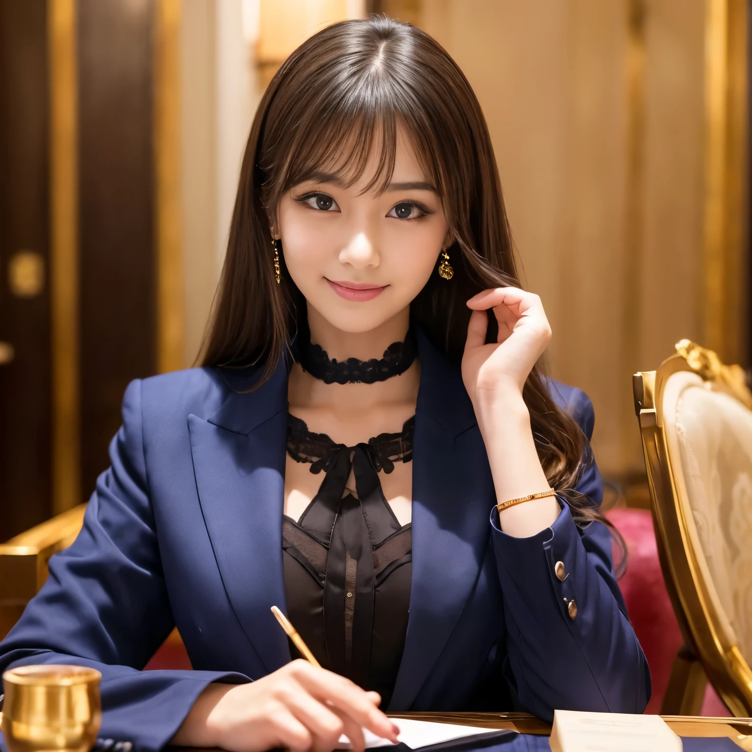 highest quality、masterpiece、
(19 year old female), (realistic),  straight hair, hotel reception, concierge, smile、 gently、black choker、blue eyes、perfect makeup、(big breasts), long eyelashes, eyelash extensions、bangs、Imperial Hotel、ritz carlton、((consultant、business style、Formal suit)), ((Meeting at the table、sitting in a chair across the table、There are conference materials and gold coins on the table.)), I&#39;m wearing an undershirt under my jacket、((less exposure)), face the camera from the front and smile, slim body shape