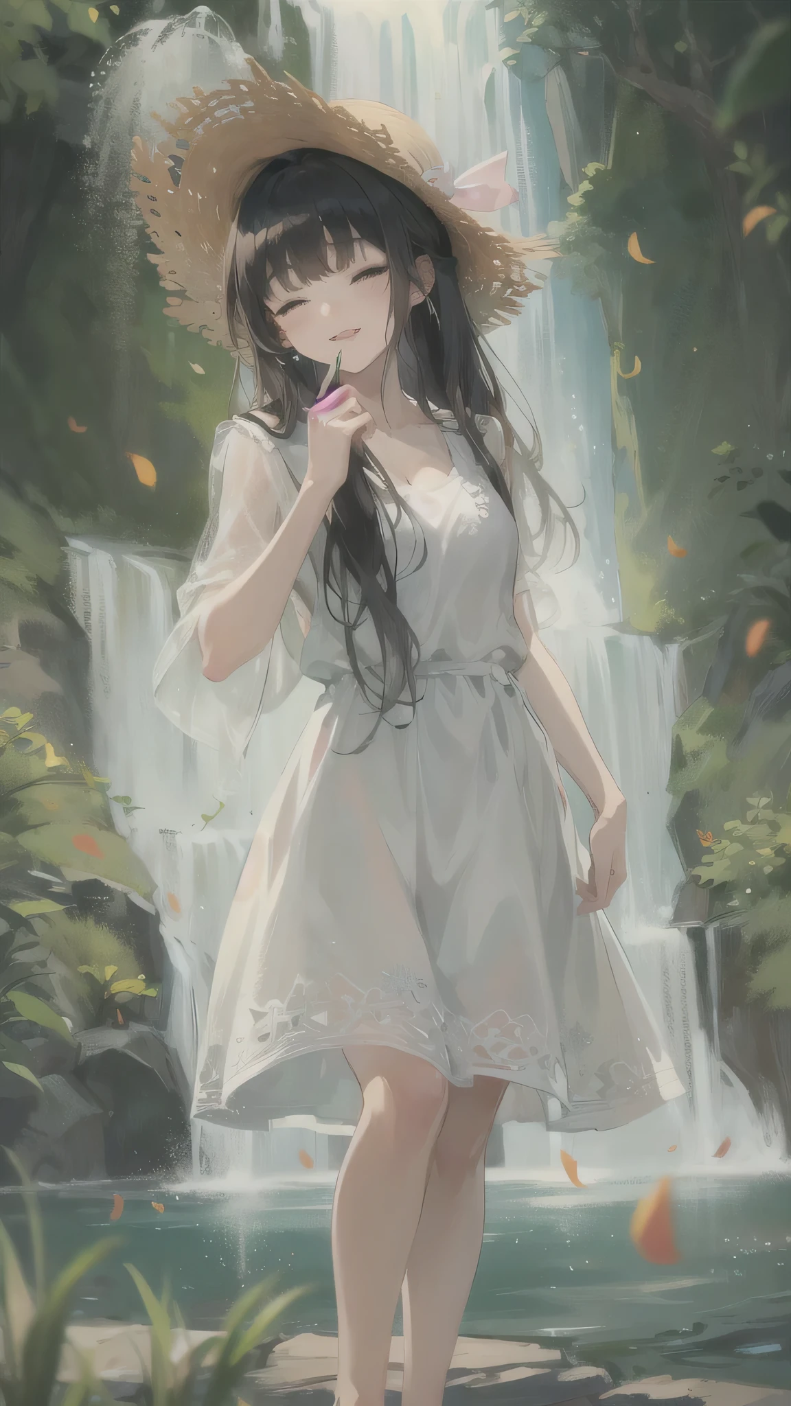 perfect anatomy, masterpiece:1.4, best quality, 8k, beautiful detailed grow, daydreaming expression, in summer, standing solo:1.3 ((blunt bangs)) (black hair long hair immensely cute girl 14 yo, closed sexy eyes, lovely smile), break, in a white long One-piece dress, Straw hat, Midsummer Weather, in the open Waterfall.
