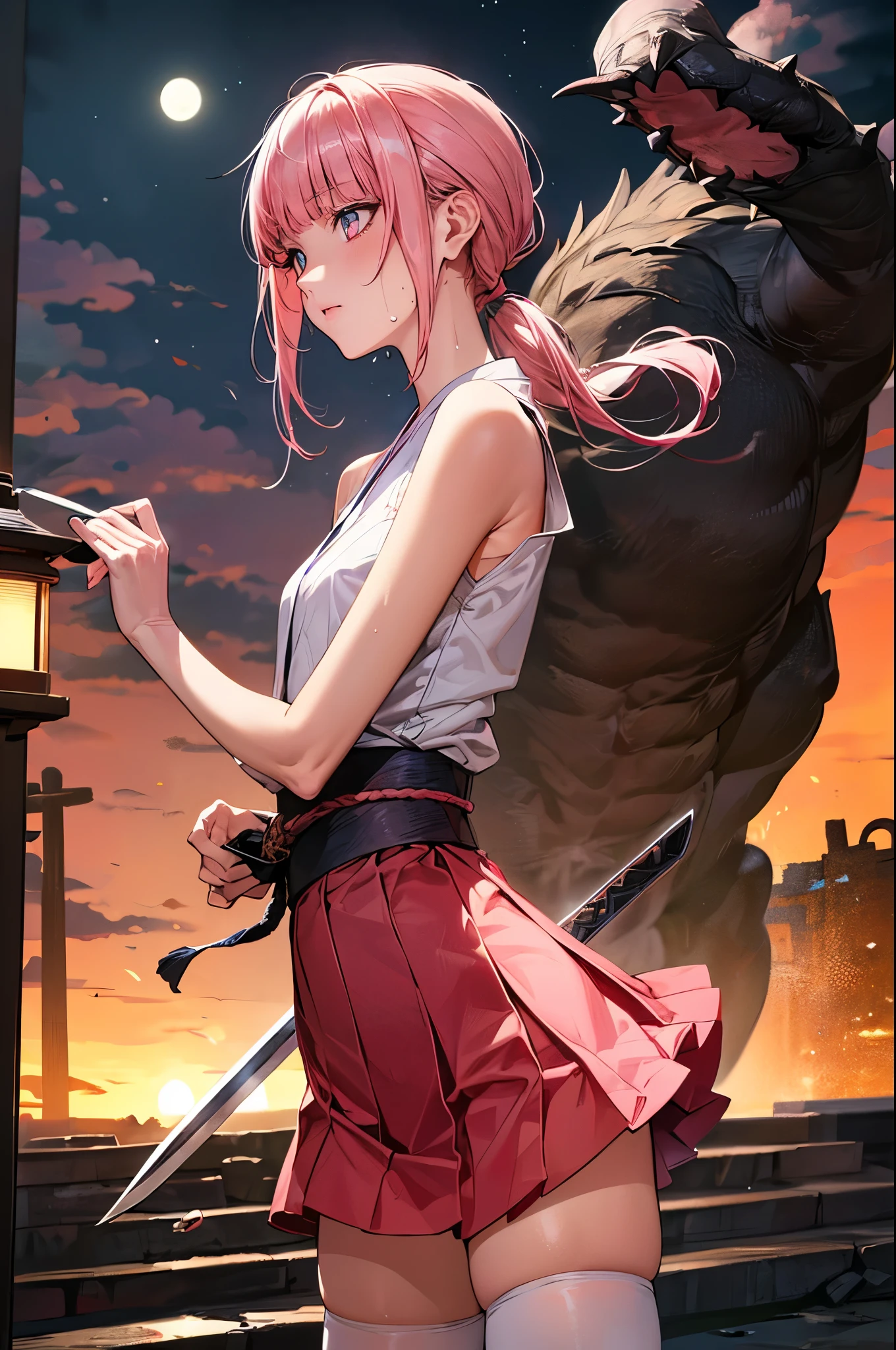 ((woman fighting the devil、Looming monsters)),((perfect ???????,realistic,:1.3,RAW Photography:1.3,masterpiece、highest quality、Ultra - High resolution、High resolution、Highly detailed CG、8K)),cowboy shot,1 female,solo,20 year old beauty,((beautiful detailed face and eyes,big gorgeous eyes),pink eyes,(pink hair,ponytail,long hair,blunt bangs,straight hair)),(medium breasts,slender body,small head,skinny,tan skin,gleaming skin,shiny skin,sweat),(white kimono、sleeveless、pink mini skirt,white_thighhighs、1holding a book Japanese sword in hand、posture of fighting with a sword、Accurately depicted Japanese sword),apocalyptic world,collapsed building、rubble、on street,Tokyo、at night、moonlight、