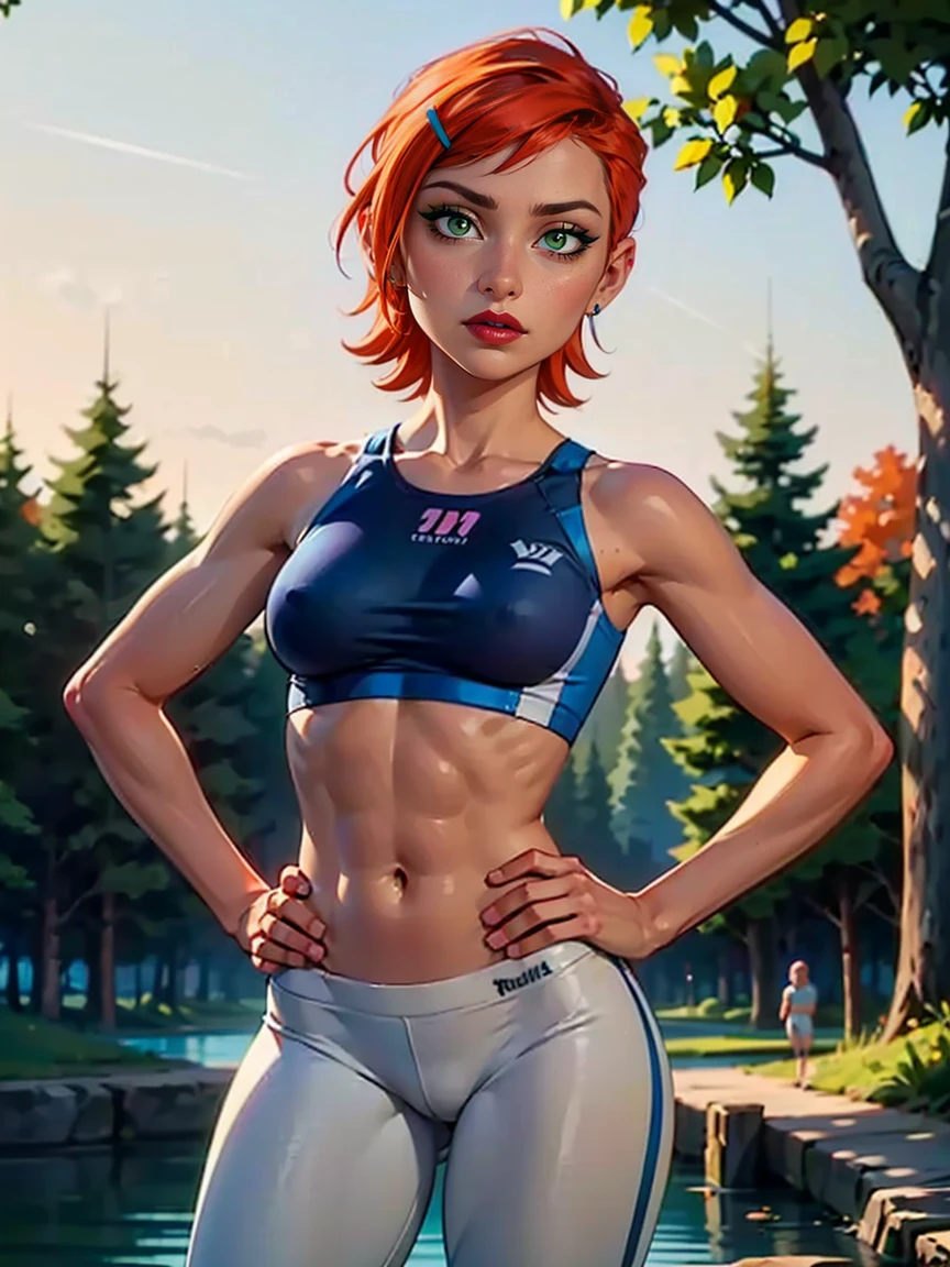 (((1girl, 1woman, alone, solo))), ((gwendolyn_tennyson,(small bust), shaved side hair, fitness, short hair, wide hips, malicious)), ((pink lipstick, Extremely detailed, ambient soft lighting, 4k , perfect eyes, a perfect face, perfect lighting, a 1girl)) , ((fitness, muscular, shapely body, athletic body, toned body)), ((1woman, ((perfect and detailed face)), seductive look, (wearing a white croppet and beige sweatpants), belly showing, defined belly, thin waist, body perfect, thick thighs, standing dynamic pose, full view, masterpiece, best quality, (((one hand on her hip, one hand behind her head), rich in details)), (perfect hands), central park, lagoon, trees, sunny day, summer))