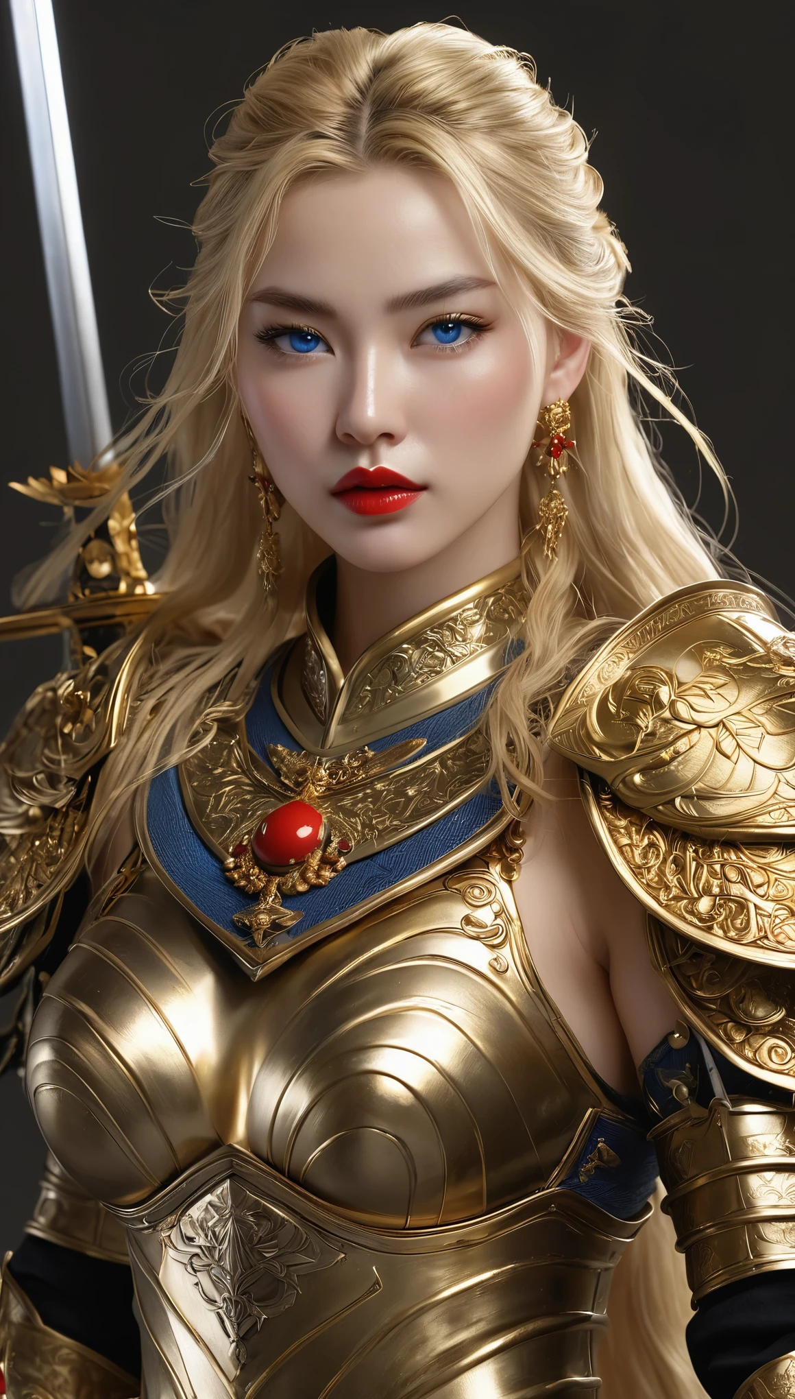 masterpiece,highest quality,higher rank,(womanの変態_woman:1),(naked:1.3), (35歳のWoman warrior:1.3),、big and full breasts big breasts,big breasts ,hyper real,中世ヨーロッパの都市のbattlefieldにいる,No expression,、イギリス人woman、Delicate skin texture to the smallest detail、detailed blue eyes (very big big big)、中年woman、(Fluffy long blonde hair)、Wheat tanned skin、very big big big、Woman warrior、big breastsの谷間、richly decorated gold armor、Long gold boots with flashy decorations、Solid gold and jewelry necklaces and collars、Large gold earrings、bright red lips、wears luxurious gold armor、Golden Long Globe、she has a big and long sword、The sword is decorated with flashy decorations.............、The blade of the sword is jet black、(Woman warrior)、(battlefield)、