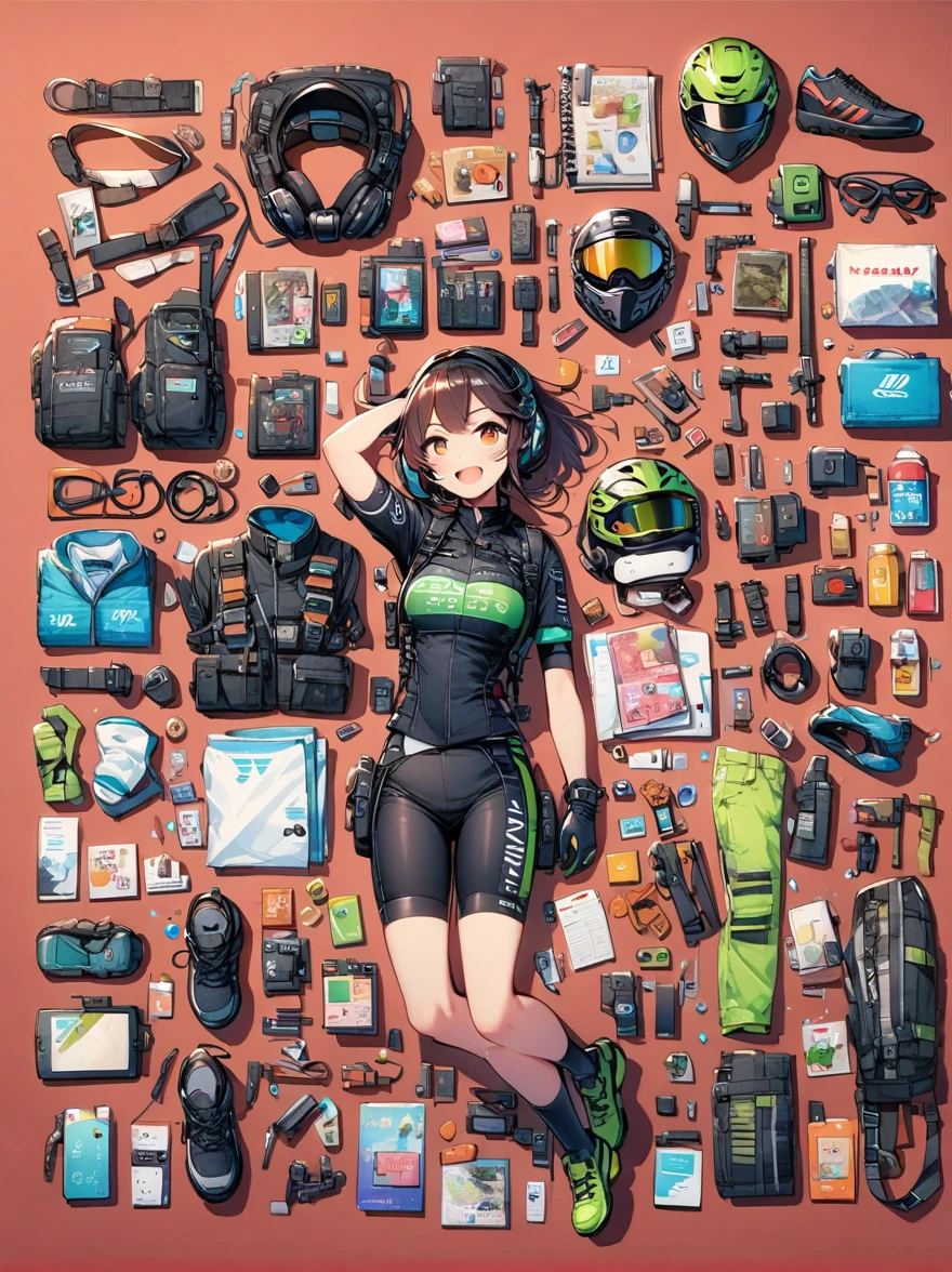Asian face young girl,laughing expressin,Perfect body,road bike clothing,gear and
accessories,knolling layout organized on a table,person,knolling, Cartoon, pure red background