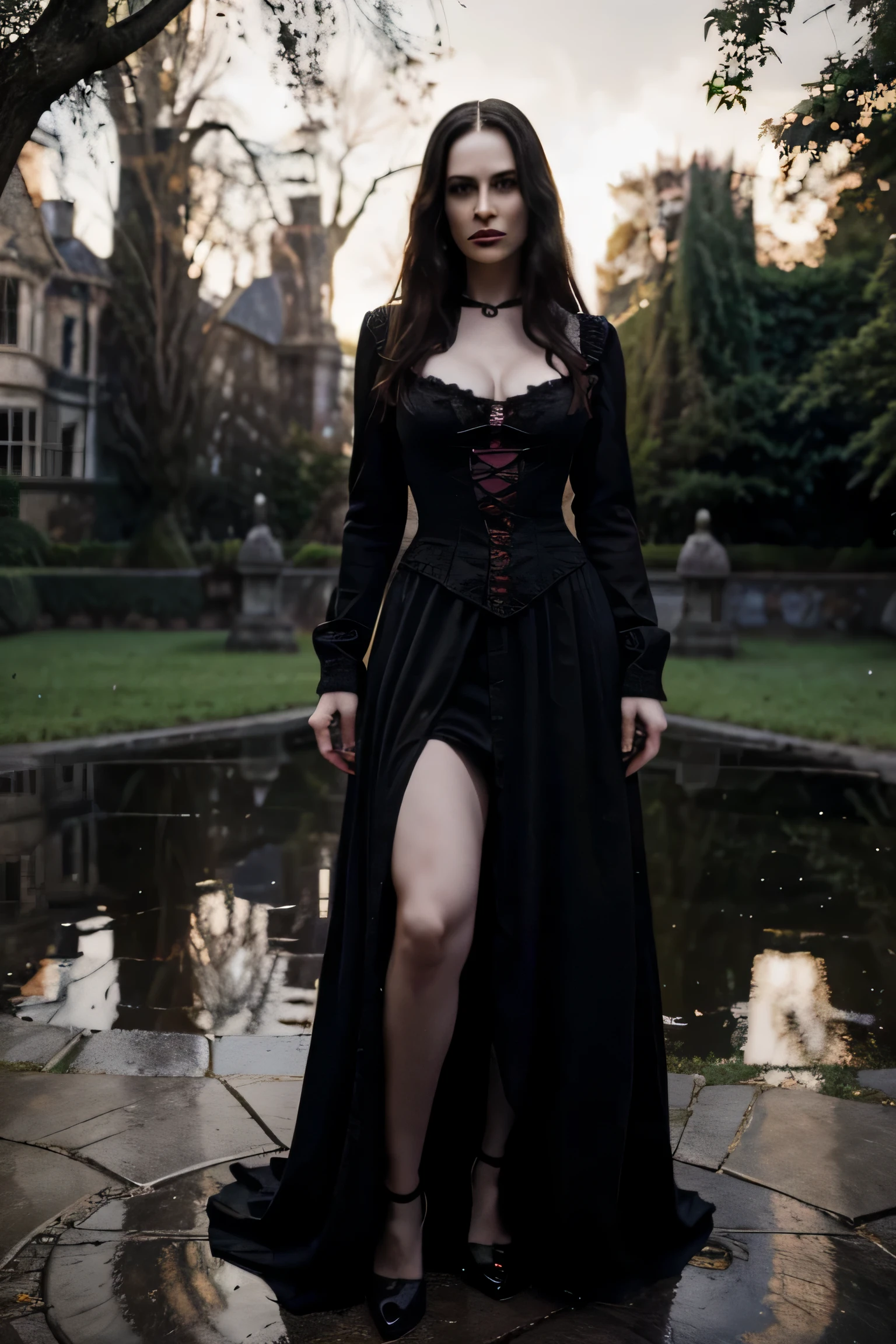 40 year old woman, vampire, beauty, attractive, ultra detailed face, defiant attitude, full length, gothic dress, based on Bram Stoker's Dracula movie, moonlight scene in Victorian garden, highest quality, 8k, setting ultra detailed, reflections and shadows