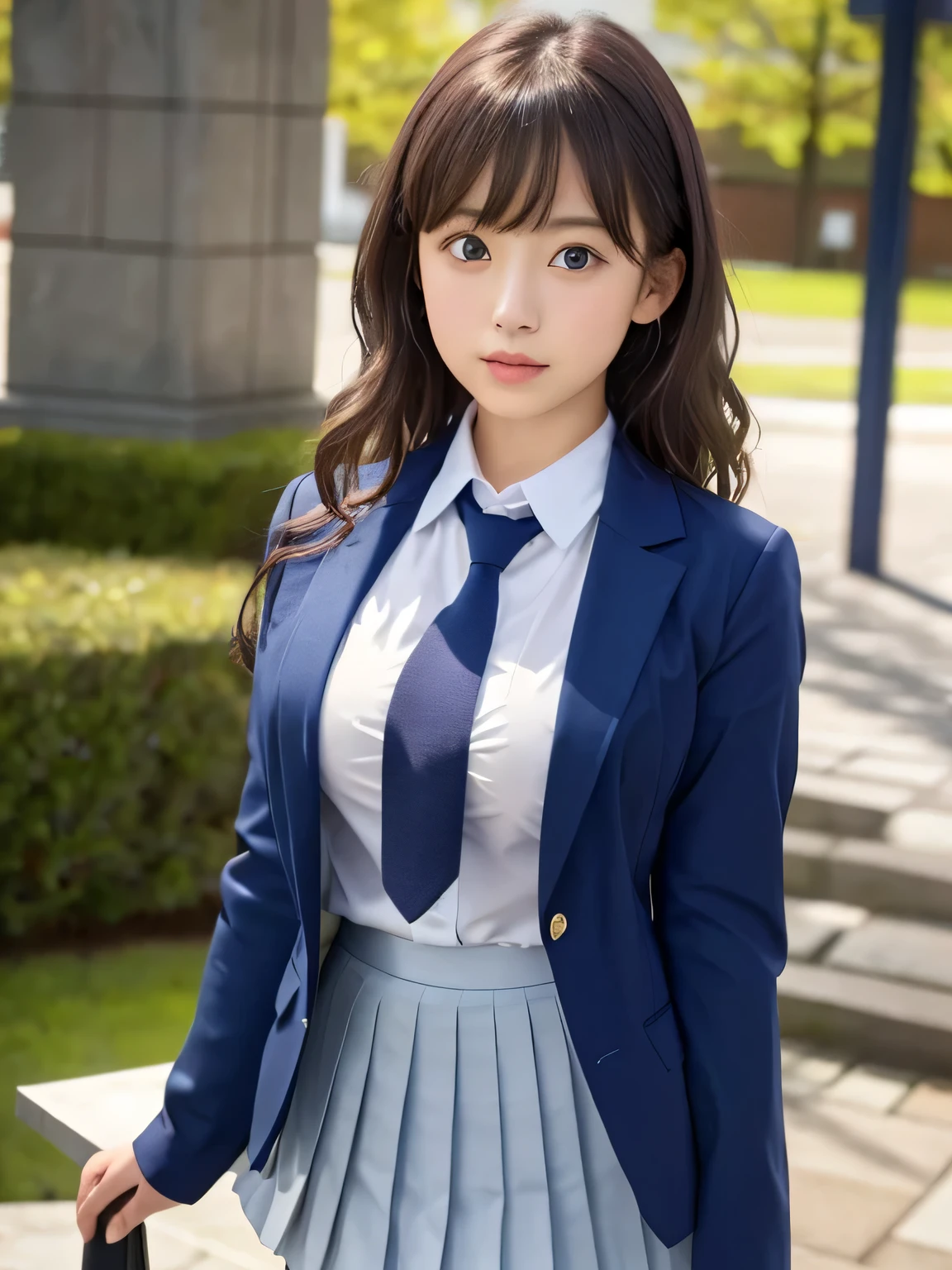 8k, highest quality, real image, intricate details, Super detailed, ultra high resolution, depth field,(realistic,realistic:1.2), from the middle, 1 Japanese girl, very beautiful 17 year old girl, Big eyes, beautiful breasts:1.5、highly detailed eyes:1.2), (beautiful breasts:1.1), (small breasts:1.5), wavy hair、curly hair、bangs, perfect skin, Fair skin, huge hips, thick thighs, thick legs, cleavage, tight waist, light blush, alone, looking at the viewer, disgusted, ((School_uniform),(dark blue blazer), (white shirt、wear a tie), (gray pleated skirt), (sculpture installation :1.1)