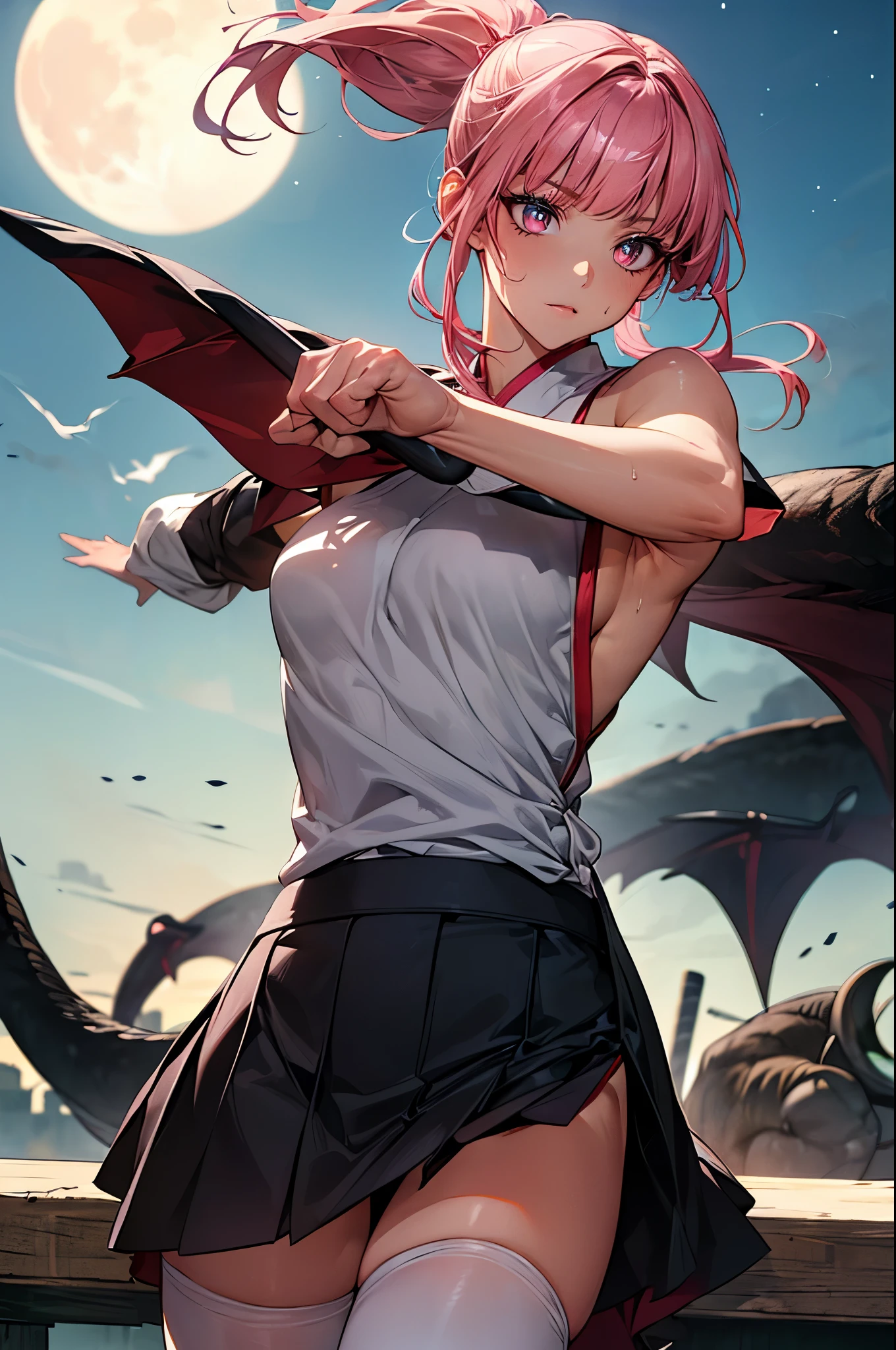 ((woman fighting the devil、Looming monsters:1.5)),((perfect anatomy,realistic,:1.3,RAW Photography:1.3,masterpiece、highest quality、Ultra - High resolution、High resolution、Highly detailed CG、8K)),cowboy shot,1 female,solo,20 year old beauty,((beautiful detailed face and eyes,big gorgeous eyes),pink eyes,(pink hair,ponytail,long hair,blunt bangs,straight hair)),(medium breasts,slender body,small head,skinny,tan skin,gleaming skin,shiny skin,sweat),(white kimono、sleeveless、pink mini skirt,white_thighhighs、１holding a book Japanese sword in hand、posture of fighting with a sword、Accurately depicted Japanese sword),apocalyptic world,collapsed building、rubble、on street,Tokyo、at night、moonlight、