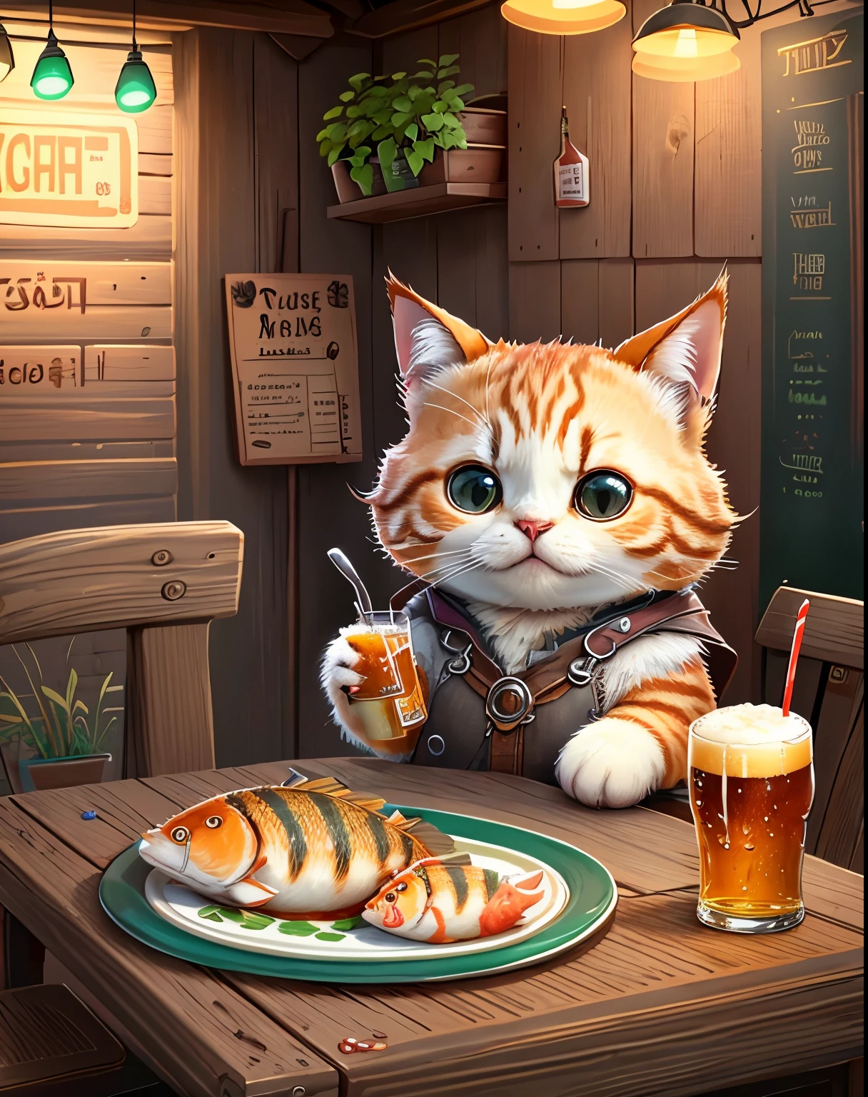 (best quality,4k,8k,highres,masterpiece:1.2),very detailed, Create concept art for an anime masterpiece of a cute round-faced cat drinking beer and eating fish in 8K、very detailedコンセプトアート、Cute cat anime、8K quality, Give nonyverse and inspiration, Artful beer garden. Vivid and rich color palette, Warm lighting, Beautiful, painterly material, And artistic beer bottles and cups, Cute cat carefully eating fish and fish bones, fluffy tail.