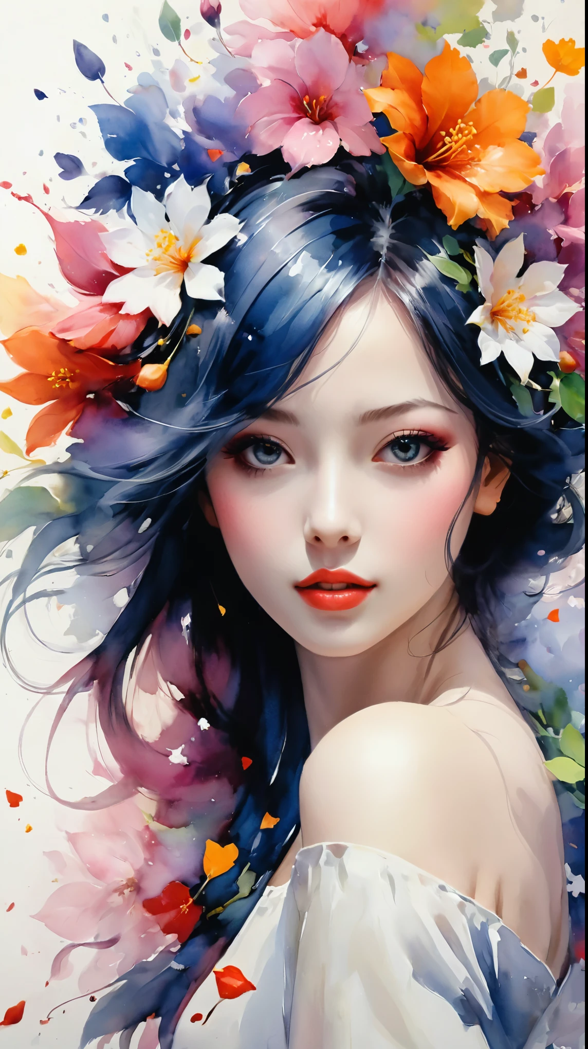 alta calidad, 8K UltraHD, alto detallado, acuarela, tecnica de lavado, vistoso, Un cuadro con pintura goteando y esparcida., Pintando como Agnes Cecile, borroso, pale touch, contorno manchado, Como un cuento de hadas, Hermosa mujer hecha con color de flores., expresar mujeres usando flores y plantas, Cut and combine petals and leaves., dibujar el cabello y los vestidos de las mujeres usando los colores y formas de las flores, colores vivos y naturaleza, luminism, efecto tridimensional, belleza mejorada, Alberto Anker, Sentirse como John Howe, Greg Rutkowski, Feel like the animation of Kyoto, germen de arte, Oh!, Alfonso Beeple, luminism, isometric, impresionante a todo color,