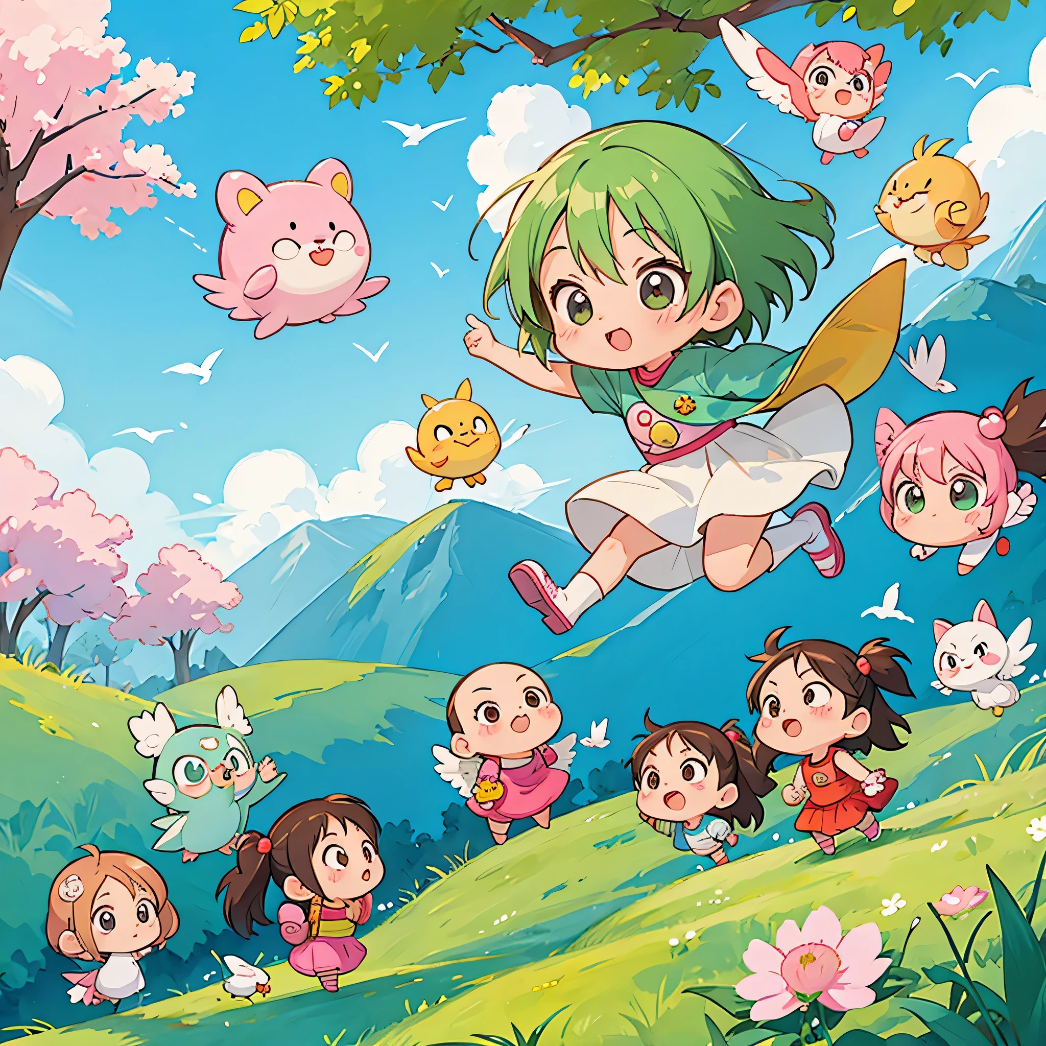 akira toriyama style, Kawaii Design, most beautiful girl ever、Chibi, beautiful spring afternoon、birdie、The Girl Who Travels Through Time