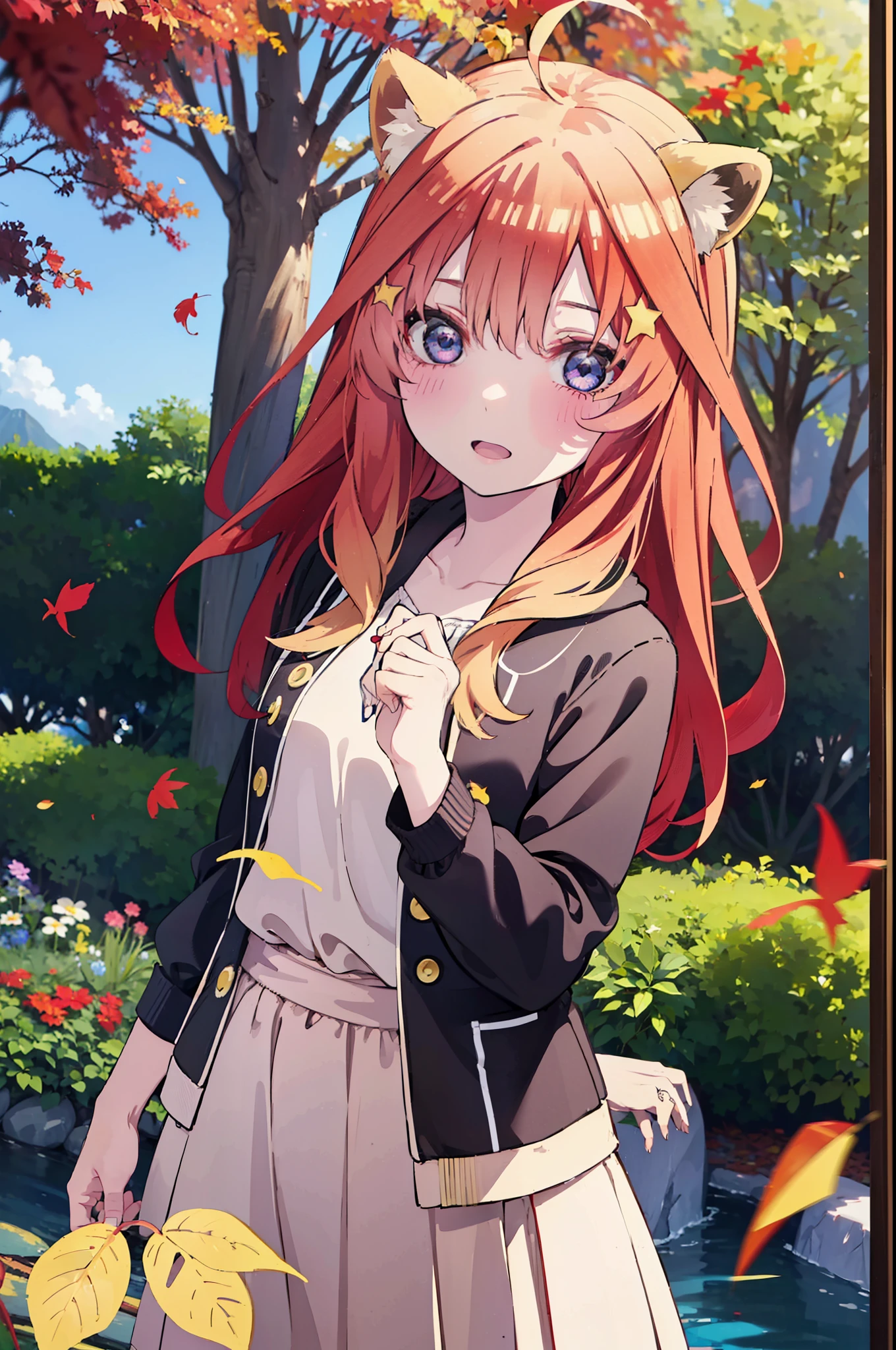 itsukinakano, itsuki nakano, bangs, blue eyes, hair between eyes, Ahoge, redhead, star \(symbol\), short braided hair,hair ornaments, star hair ornaments,smile,blush,animal ears　raccoon ears,animal tail　raccoon tail,red hoodie,white long skirt,Cute Sandals,autumn leaves,autumn leavesが散っている,autumn leaves道,whole bodyがイラストに入るように,night,moonlight,moonlight,
break outdoors,garden,
break looking at viewer,whole body,(cowboy shot:1.5),
break (masterpiece:1.2), highest quality, High resolution, unity 8k wallpaper, (shape:0.8), (beautiful deしっぽed eyes:1.6), extremely deしっぽed face, perfect lighting, extremely deしっぽed CG, (perfect hands, perfect anatomy),
