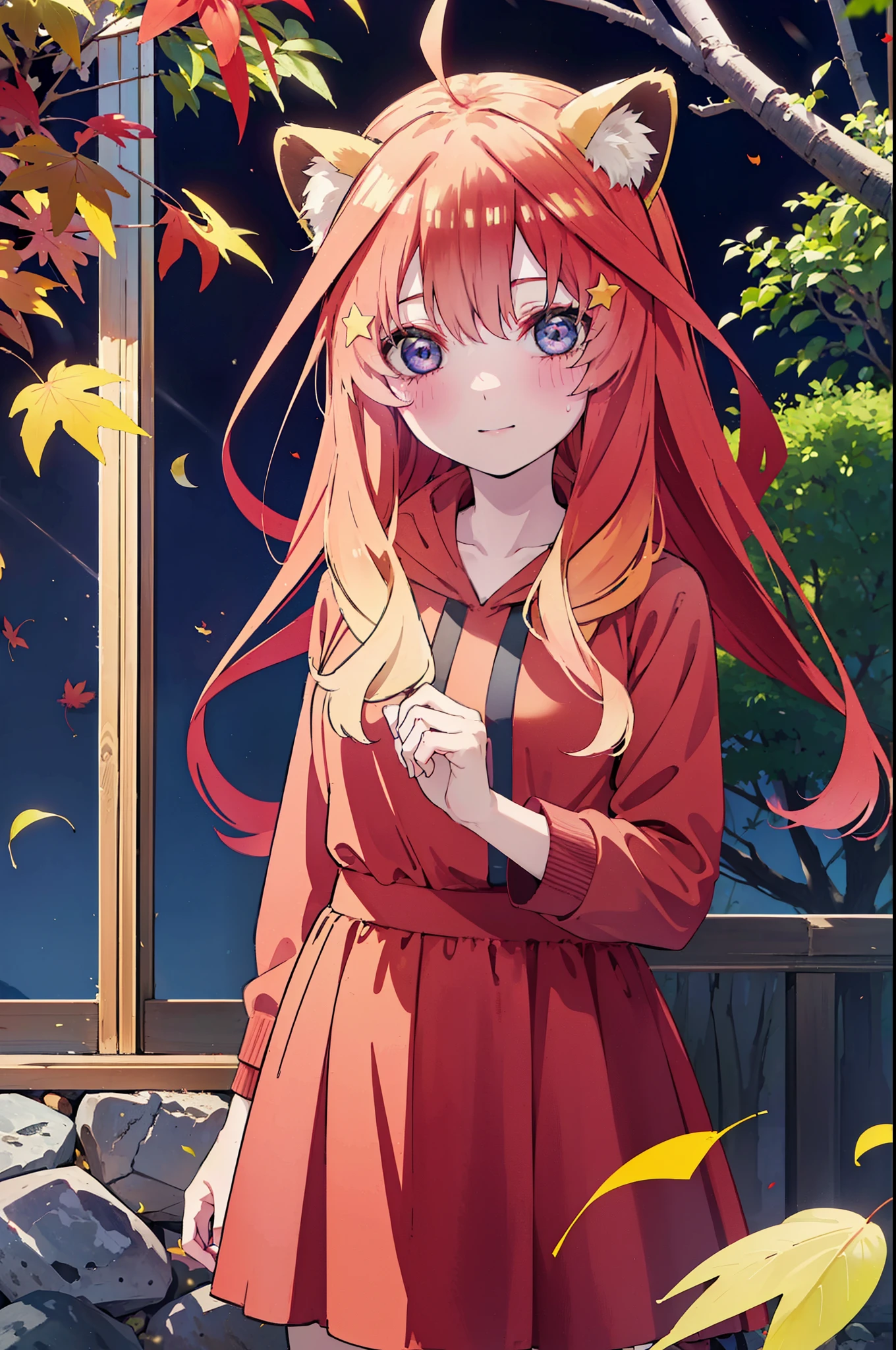 itsukinakano, itsuki nakano, bangs, blue eyes, hair between eyes, Ahoge, redhead, star \(symbol\), short braided hair,hair ornaments, star hair ornaments,smile,blush,animal ears raccoon ears,animal tail raccoon tail,red hoodie,white long skirt,Cute Sandals,autumn leaves,autumn leavesが散っている,autumn leaves道,whole bodyがイラストに入るように,night,moonlight,moonlight,
break outdoors,garden,
break looking at viewer,whole body,(cowboy shot:1.5),
break (masterpiece:1.2), highest quality, High resolution, unity 8k wallpaper, (shape:0.8), (beautiful deしっぽed eyes:1.6), extremely deしっぽed face, perfect lighting, extremely deしっぽed CG, (perfect hands, perfect anatomy),