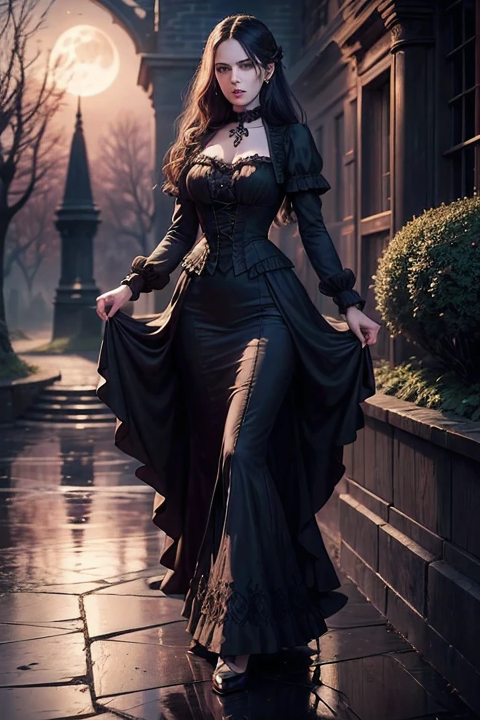beautiful 40 year old woman, vampire, beauty, attractive, ultra detailed face, defiant attitude, full length, gothic dress, based on Bram Stoker's Dracula movie, moonlight scene in Victorian garden, highest quality, 8k, ultra-detailed scenery, reflections and shadows