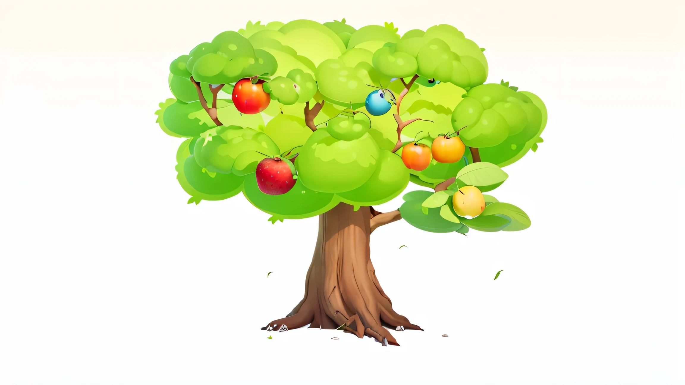 there is a tree with many fruits on it and a bird on the branch, game asset of plant and tree, garden with fruits on trees, fruit trees, with fruit trees, apple tree, rich tree, flying trees and park items, tree's, magic tree, props containing trees, hd illustration, tree and plants, simple illustration, fantasy tree, a beautiful tree