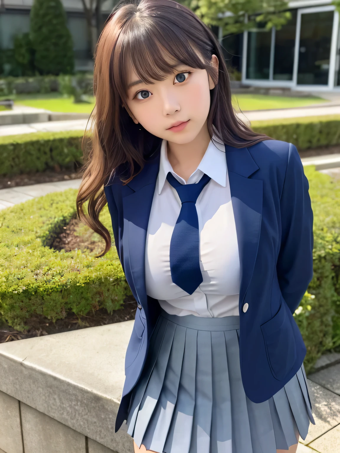 8k, highest quality, real image, intricate details, Super detailed, ultra high resolution, depth field,(realistic,realistic:1.2), from the middle, 1 Japanese girl, very beautiful 17 year old girl, Big eyes, beautiful breasts:1.5、highly detailed eyes:1.2), (beautiful breasts:1.1), (small breasts:1.5), wavy hair、curly hair、bangs, perfect skin, Fair skin, huge hips, thick thighs, thick legs, cleavage, tight waist, light blush, alone, looking at the viewer, glaring, (School_uniform),(dark blue blazer), (white shirt、wear a tie), (gray pleated skirt), (sculpture installation :1.1)