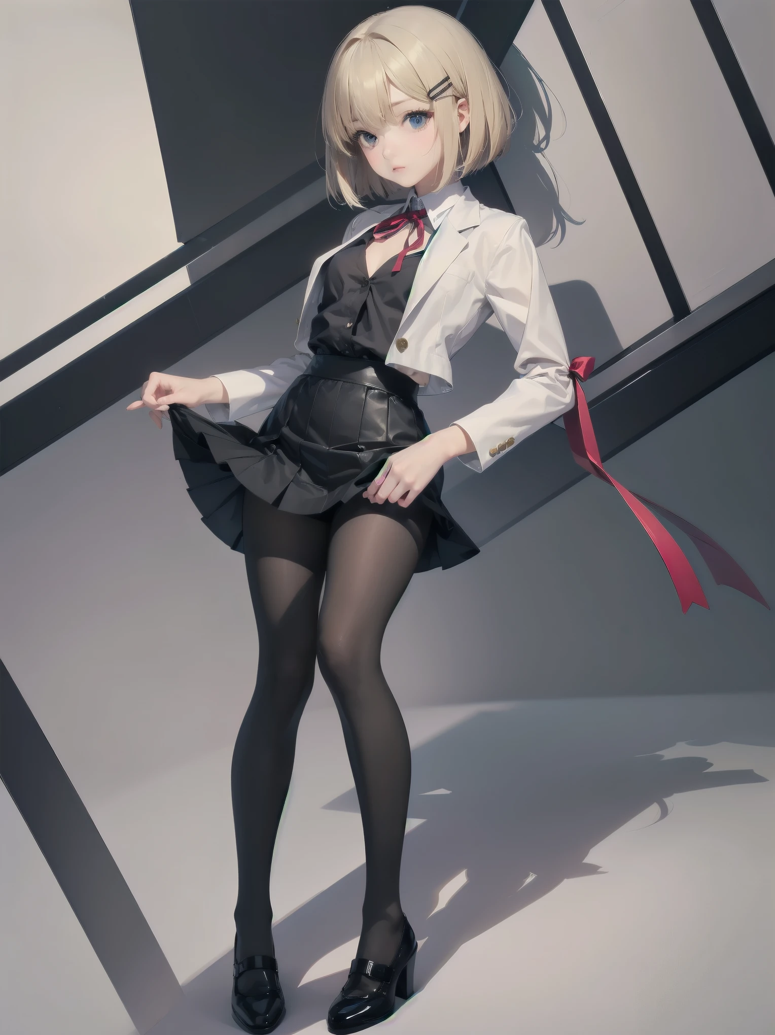(Masterpiece: 1.2), (Best picture: 1.2), Anime girl, Solo, alone, Blonde hair, Hair clip on front right side, Bob cut, Red realistic and complex eyes, White female shirt, Brand grey blazer, Small red ribbon across chest, made of stylish and exclusive material and design, Pliss skirt with check pattern, Black tights, Fine tights, Full body, Big tits, Front view, One person, Mockingly super cute, absurdly cute