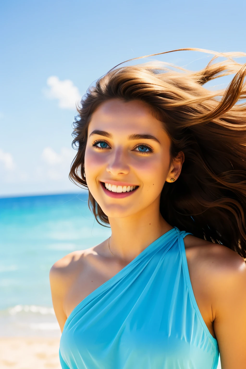 (Best quality, ultra-detailed, golden ratio: 1.2) Cinematic photo of a breathtaking 24-year-old slim brunette woman with mesmerizing blue eyes, capturing the essence of summertime. The picture showcases her barefoot, casually dressed in a vibrant summer outfit that perfectly complements her sun-kissed skin. Her wind-blown hair adds a touch of carefree charm to the scene, while her playful expression reflects the joy of being at the beach. The backdrop is a picturesque beach scene, with an azure sea stretching as far as the eye can see and golden sand glistening under the warm sun. The clear blue sky overhead is adorned with clouds forming interesting patterns, as the sun begins its descent, casting a golden glow