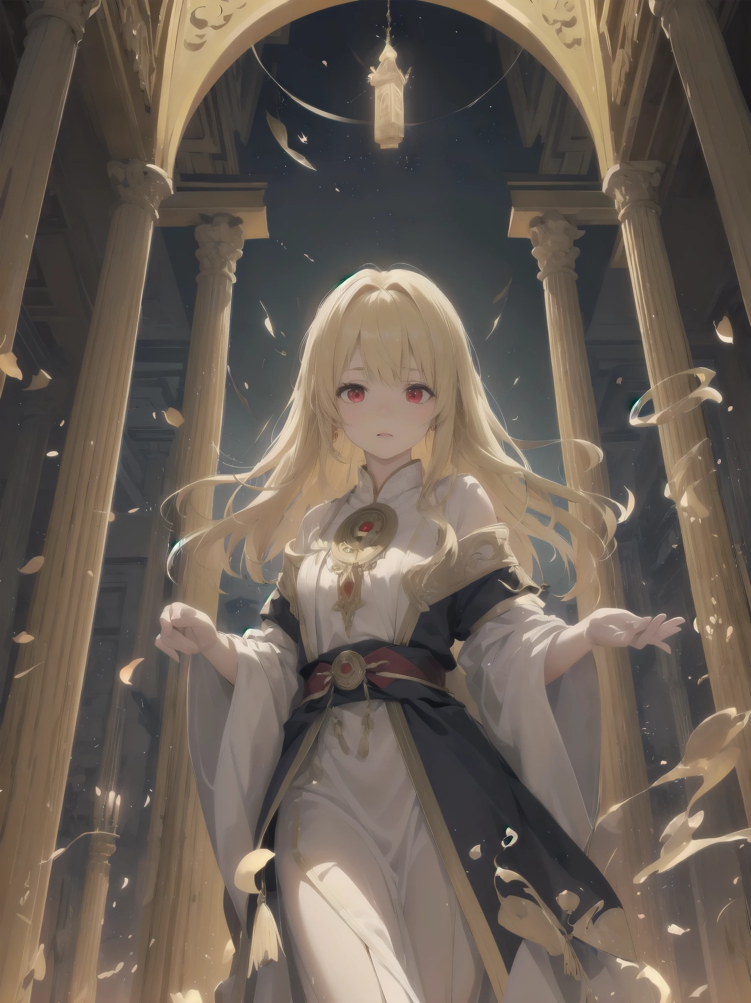 Subject: witches.
Subtitle: blonde hair, red eyes, noble, magical genius, outlandish scenes, concrete, background descriptions super-detailed and powerful, magical chanting fantastic.
Scene 1.
A blonde-haired, red-eyed witch begins an intricate magic chant in the centre of an ancient temple, maintaining a noble posture. Her voice echoes throughout the temple as a fantastic melody, and ancient letters on the stone walls glow in response to her voice. The magical energy summoned by the chanting swirls around her as she floats in the air, glowing with a mysterious light and preparing to release her unknown powers.