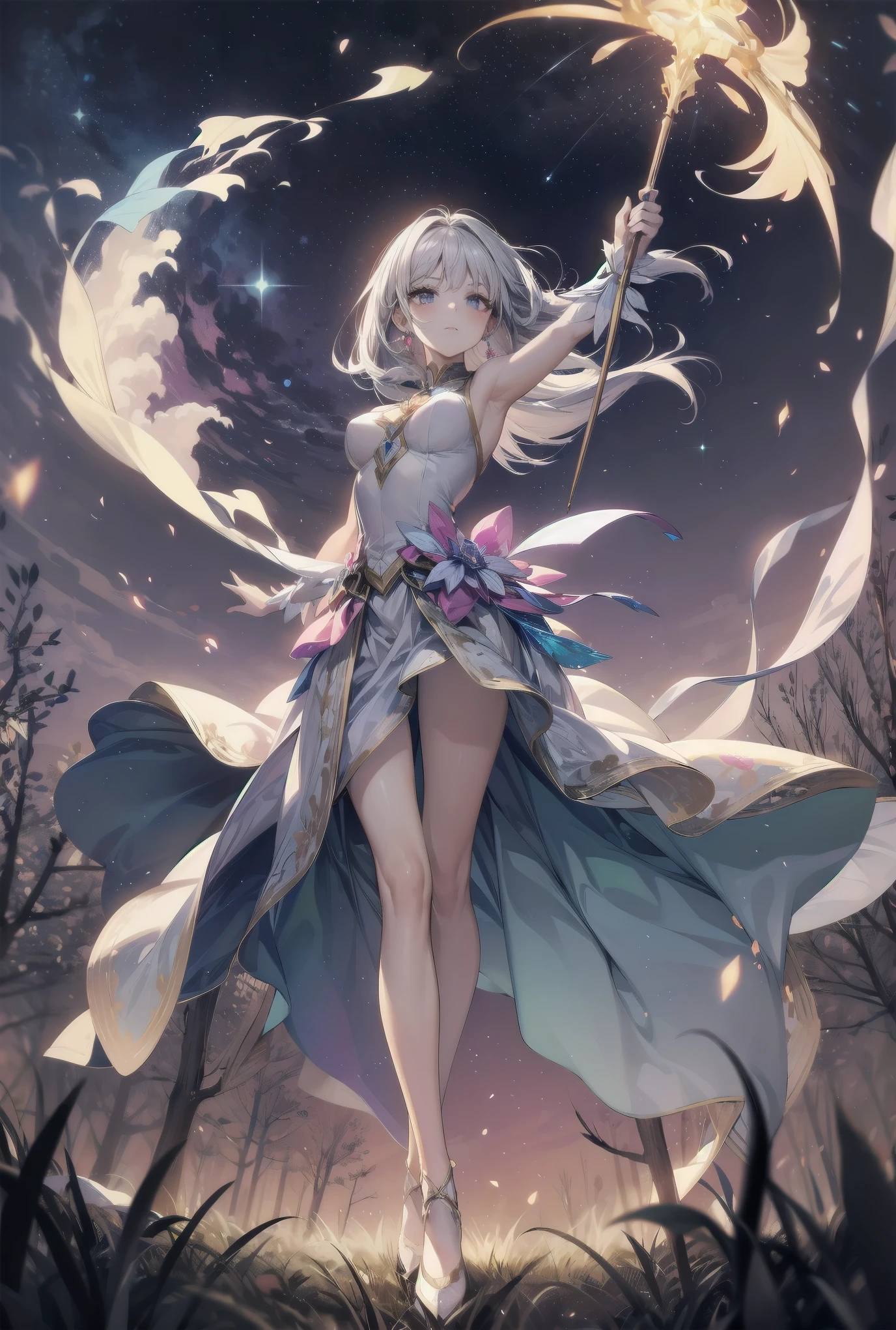 Subject: pretty magical girls.
Subtitle: masterpiece, fantastic, magical, powerful pose

Under a starry sky, in the centre of a mysterious forest, a pretty magical girl raises her glowing wand to the heavens. Around her, particles of seven-coloured magic dance, and with her powerful pose, the entire forest is enveloped in a fantastic light. For this brief moment, even time seems to have frozen.