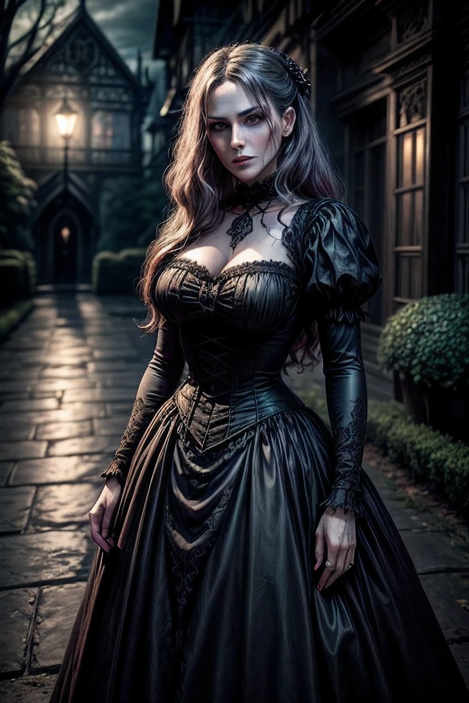 beautiful 40 year old woman, vampire, beauty, attractive, ultra detailed face, defiant attitude, full length, gothic dress, based on Bram Stoker's Dracula movie, moonlight scene in Victorian garden, highest quality, 8k, ultra-detailed scenery, reflections and shadows