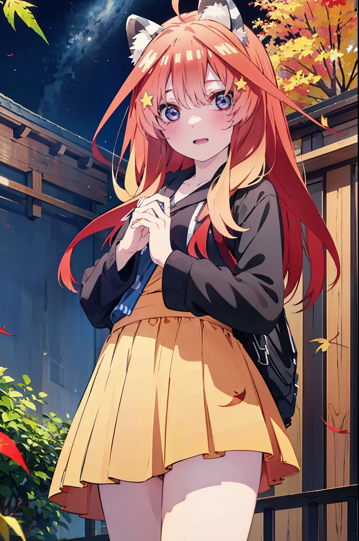 itsukinakano, itsuki nakano, bangs, blue eyes, hair between eyes, Ahoge, redhead, star \(symbol\), short braided hair,hair ornaments, star hair ornaments,smile,blush,animal ears　raccoon ears,animal tail　raccoon tail,red hoodie,white long skirt,Cute Sandals,autumn leaves,autumn leavesが散っている,autumn leaves道,whole bodyがイラストに入るように,night,moonlight,moonlight,
break outdoors,garden,
break looking at viewer,whole body,(cowboy shot:1.5),
break (masterpiece:1.2), highest quality, High resolution, unity 8k wallpaper, (shape:0.8), (beautiful deしっぽed eyes:1.6), extremely deしっぽed face, perfect lighting, extremely deしっぽed CG, (perfect hands, perfect anatomy),