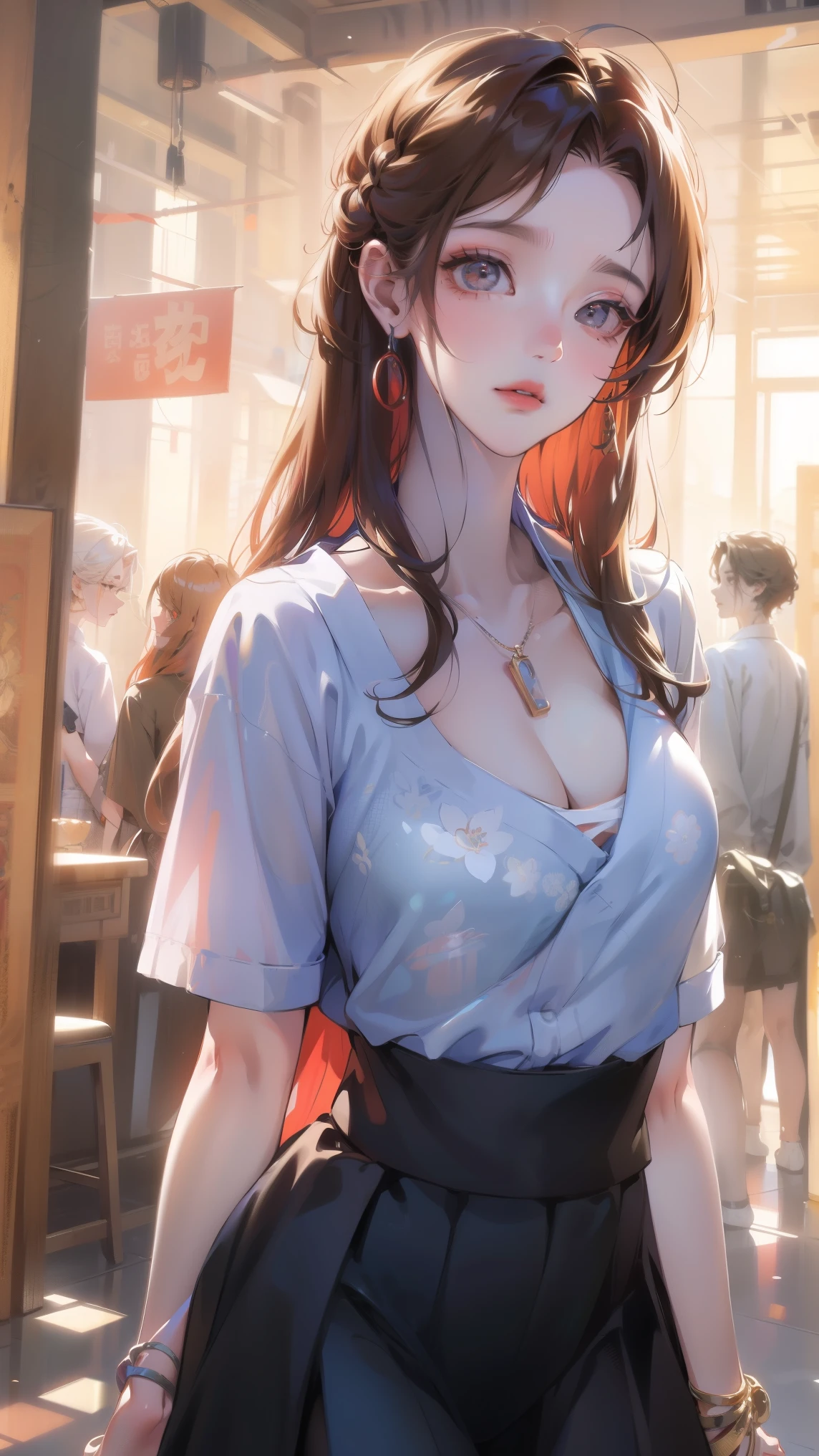 high definition symmetrical image, (flowers are front, goddess of  is behind flowers, (round face), drooping eyes, small breasts on breasts, swollles, casual cloth, hip, red hair), ecstasy face, many flowers, hair up, standing and spread legs, Japanese garden, earri