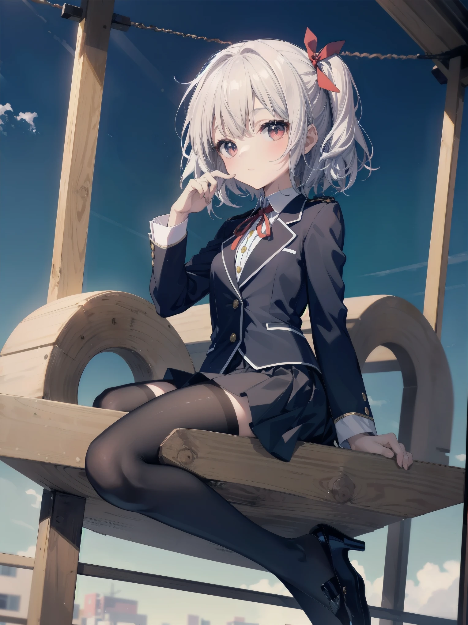 (Masterpiece: 1. 2), (Top quality: 1. 2), Anime girl, Cute, Fashionable ribbon, Red intricate fine eye, White woman's blouse, Brand grey blazer, Small red ribbon on chest, Very young, cute, tiny, girl, Female academy , Pre-skirt, Black tights, Fine fine fine Tights, Full Length, Young girl looking back from the side, Front View, Alone, Mocking and super cute, Thighs open left and right, Prestigious branded uniform, Background sitting on park play equipment, Legs open looking at me, Colourful background, Beautiful shading effect, Pretty like a scene from a movie Character pose.