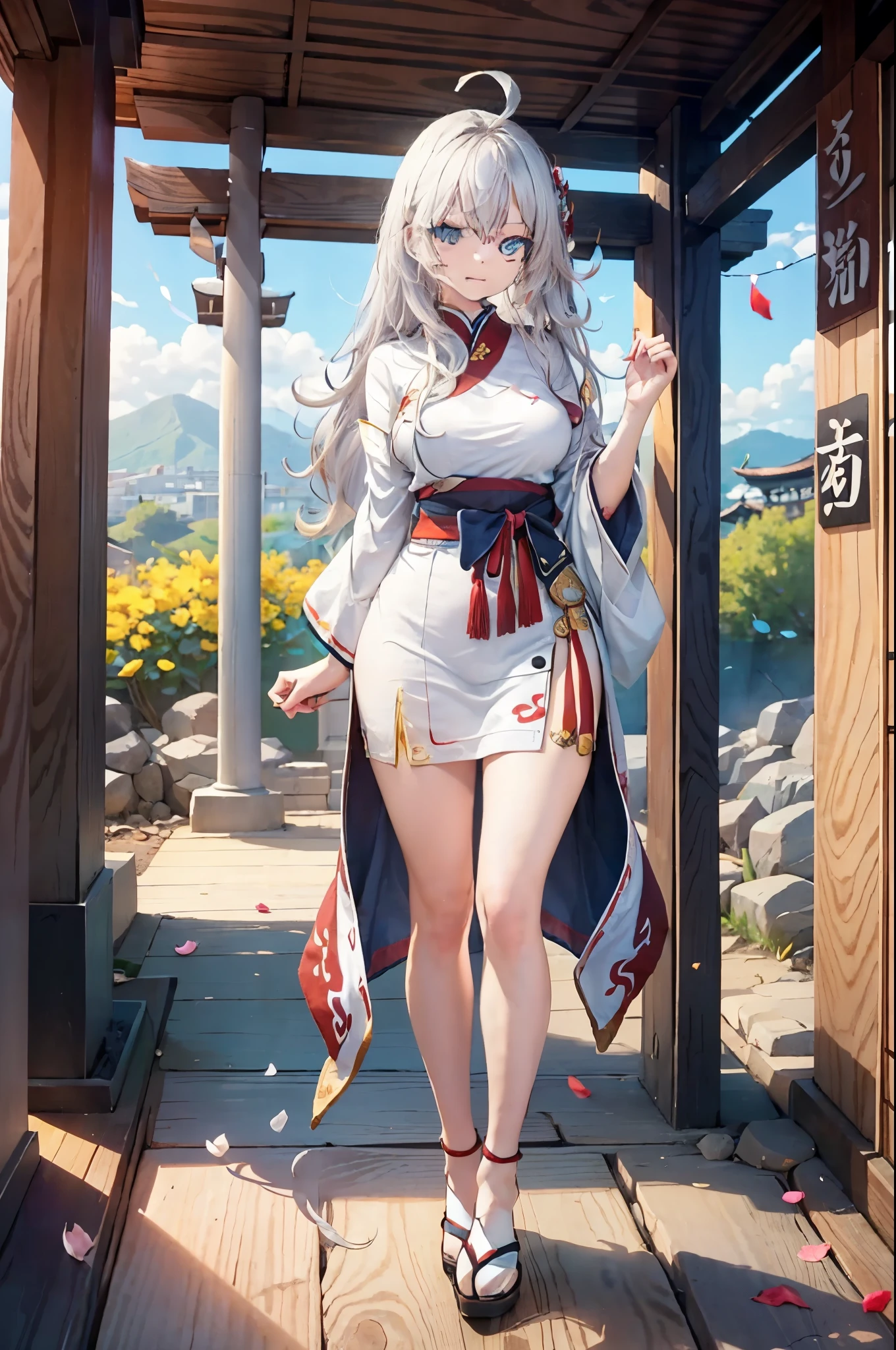 realistic image, coherent image, detailed image, 1 beautiful girl. She has silver hair, long thin hair, ahoge. Light blue eyes, long eyelashes. Her face is oval and delicate. She is wearing an oversized t-shirt. bare legs She has a curvy body, medium breasts and thick thighs. in a Japanese temple, Taoist tempo. flower petals falling around. view of her full body. ambient light, volumetric light,