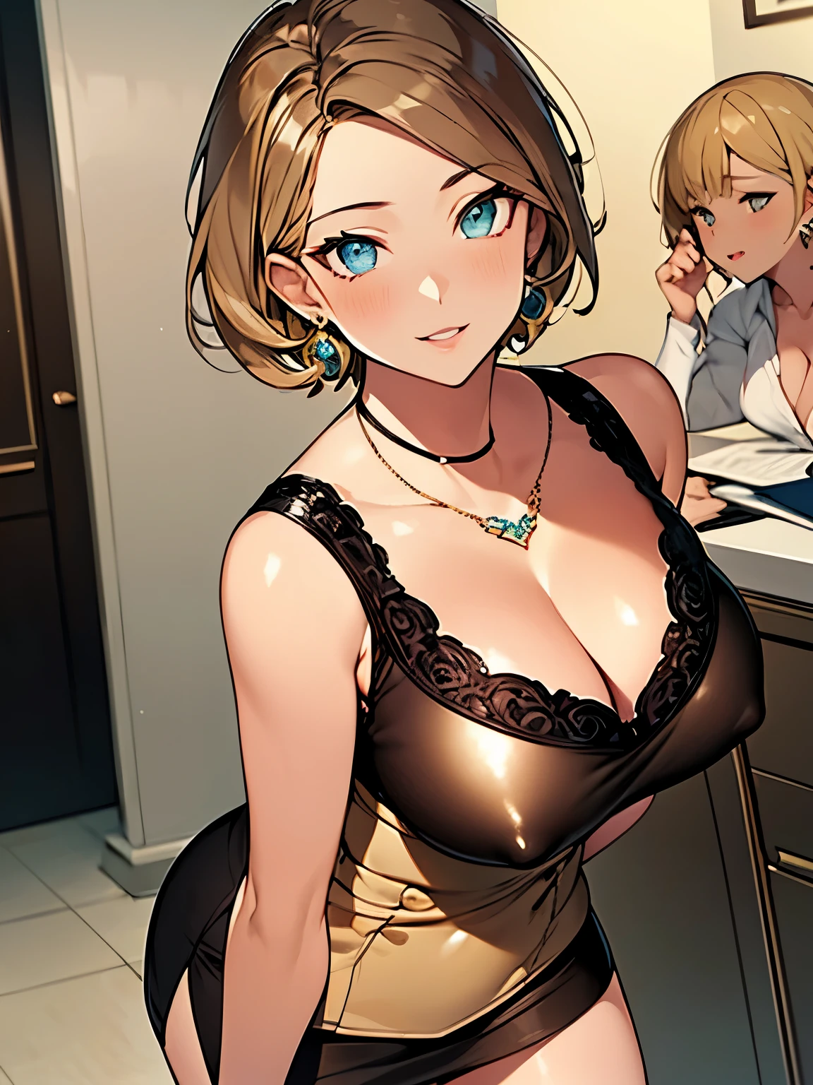 blonde short hair,youthful appearance,busty,cleavage,suit,miniskirt,earrings,(beautiful detailed eyes:1.1),(beautiful detailed lips:1.1), illustration,(ultra-detailed:1.1),(professional:1.1),(vivid colors:1.1),(soft lighting:1.1),(warm tones:1.1) Office Lady、brown hair、、big breasts、cleavage、suit、mini skirt、nipple